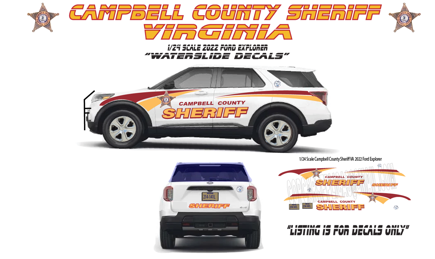 1/24 Scale 2022 Ford Explorer Campbell County Virginia Sheriff Waterslide Decals – Custom Diecast Police Graphics – Approx. 4 Sets Included