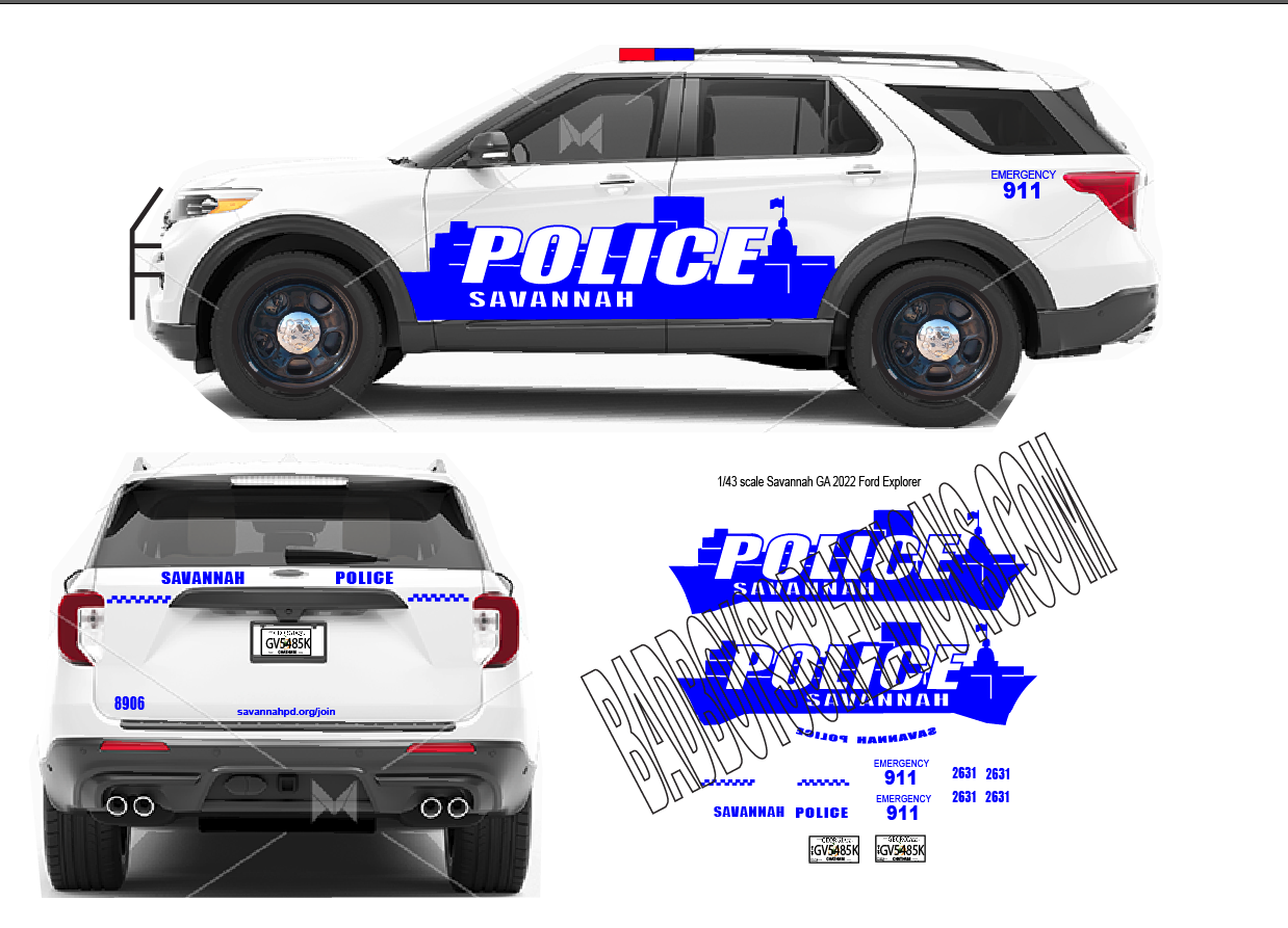 1/24 Scale Savannah Georgia Police Waterslide Decals for 2022 Ford Explorer – Approx. 4 Sets Included