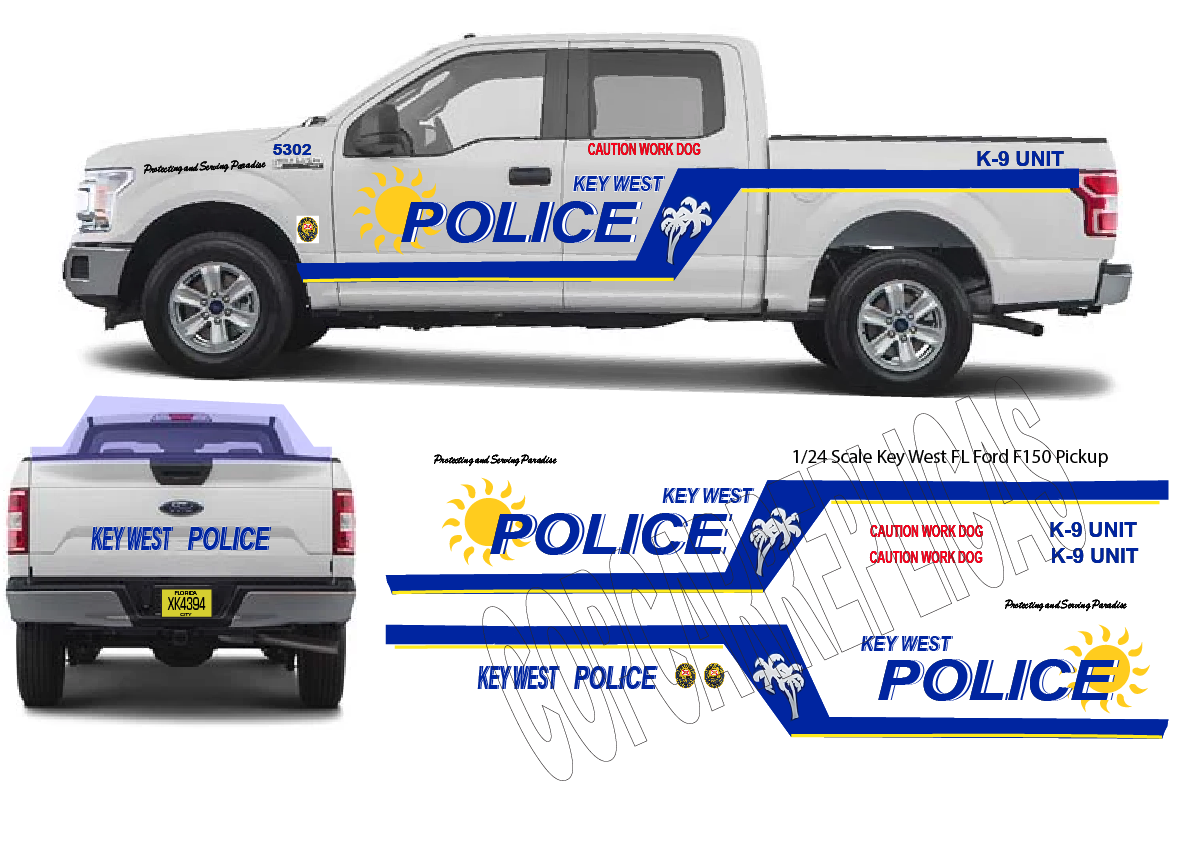 1/24 Scale Ford F-150 Key West Florida Police Waterslide Decals – Custom Pickup Truck Graphics – Approx. 4 Sets Included