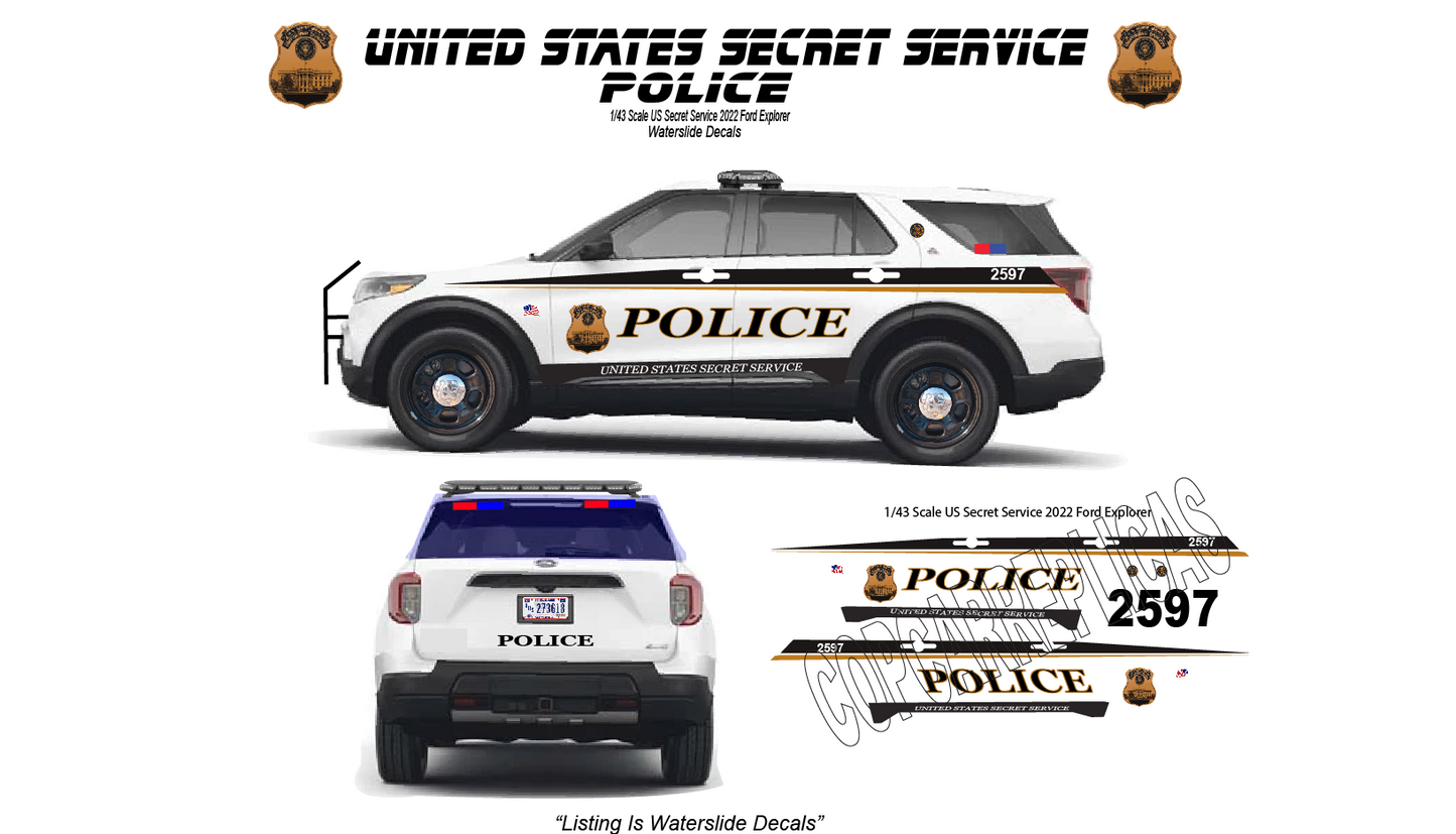1/24 Scale US Secret Service Police 2022 Ford Explorer Waterslide Decals – 4 Sets Included – Laser Printed – Custom Diecast Graphics