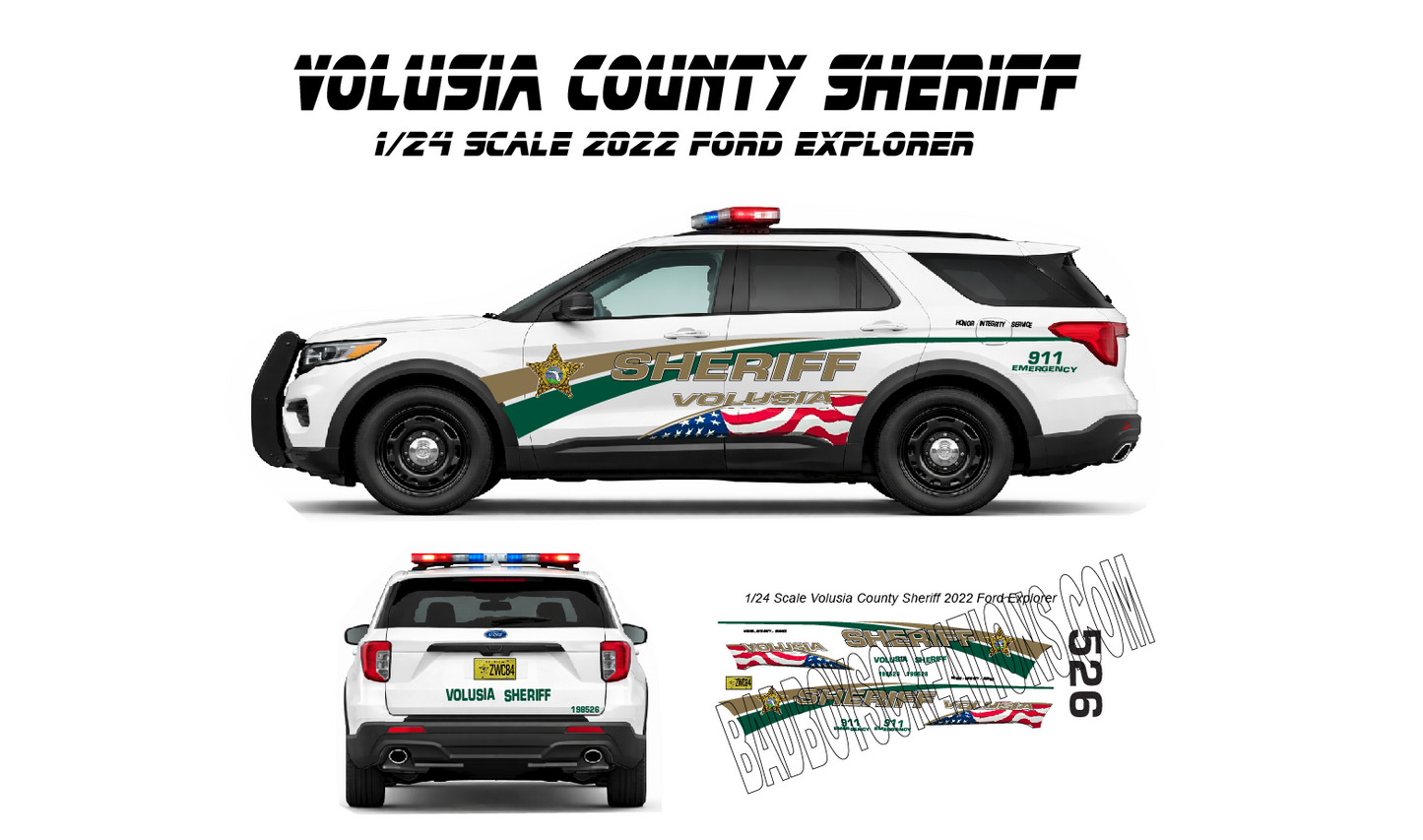 1/24 Scale Volusia County Florida Sheriff 2022 Ford Explorer Waterslide Decals – Custom Police Graphics – 4 Sets Included – Laser Printed – Diecast Model Car Replica