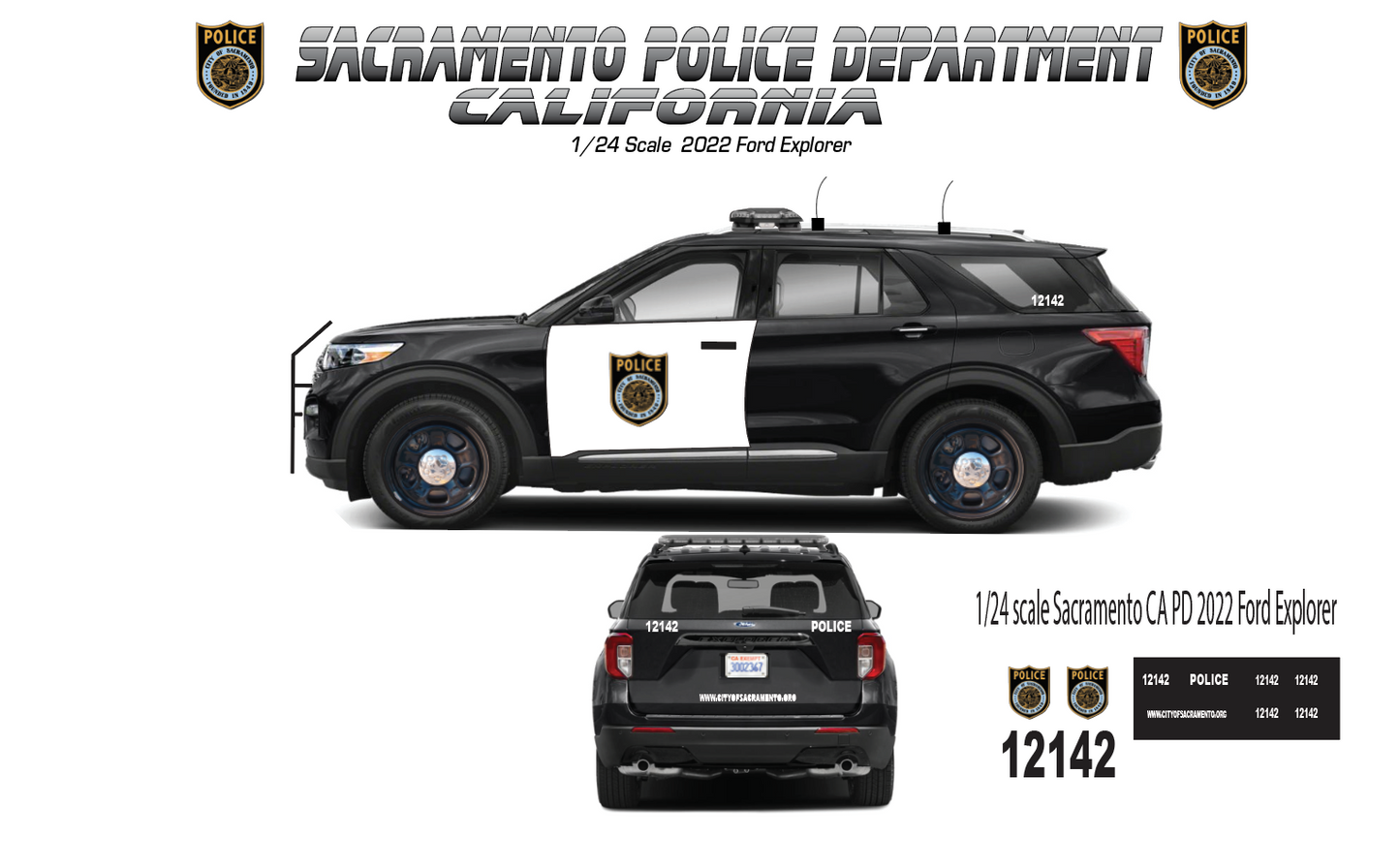 1/24 Scale 2022 Ford Explorer Sacramento Police Department California Sheriff Waterslide Decals – White Toner Laser Printed – 4 Sets Included