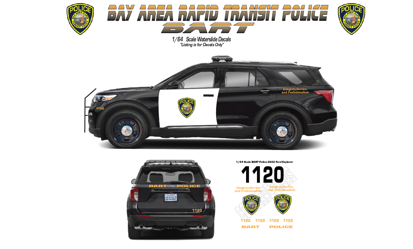 1/64 Scale BART Police Waterslide Decals – Bay Area Rapid Transit 2022 Ford Explorer | Greenlight Compatible | White Toner Laser Printed | 8–10 Sets Included