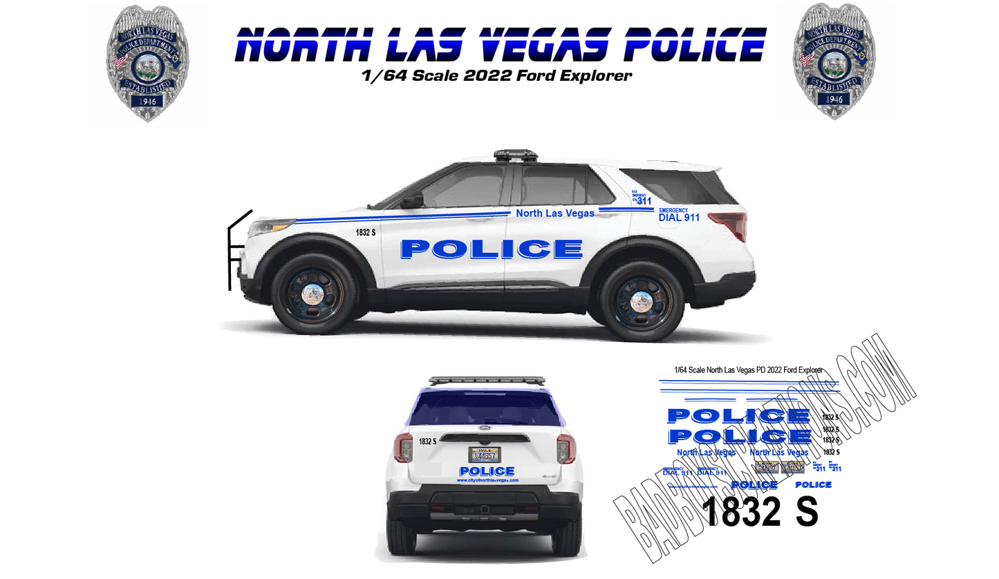 1/64 Scale North Las Vegas Police Decals – 2022 Ford Explorer Greenlight – Waterslide Decals – 8–10 Sets – Laser Printed