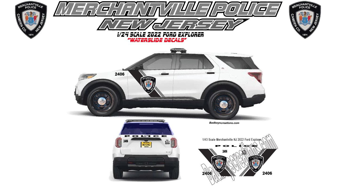 1/24 Scale Merchantville New Jersey Police 2022 Ford Explorer Waterslide Decals – Laser Printed – Approx 4 Sets Included