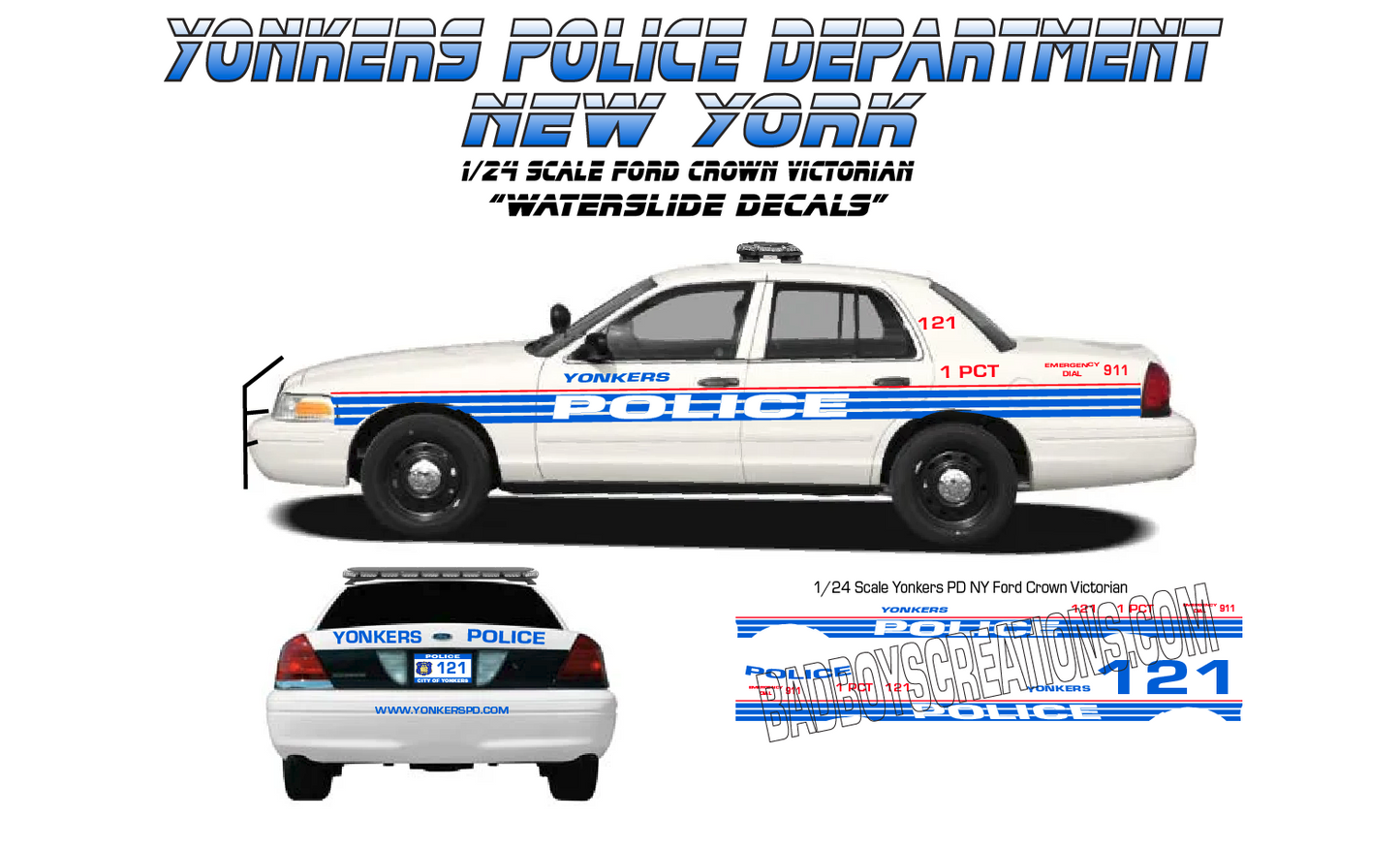 1/24 Yonkers NY Police 2010 Ford Crown Victoria Waterslide Decals – Custom Police Graphics – Approx 4 Sets – Laser Printed