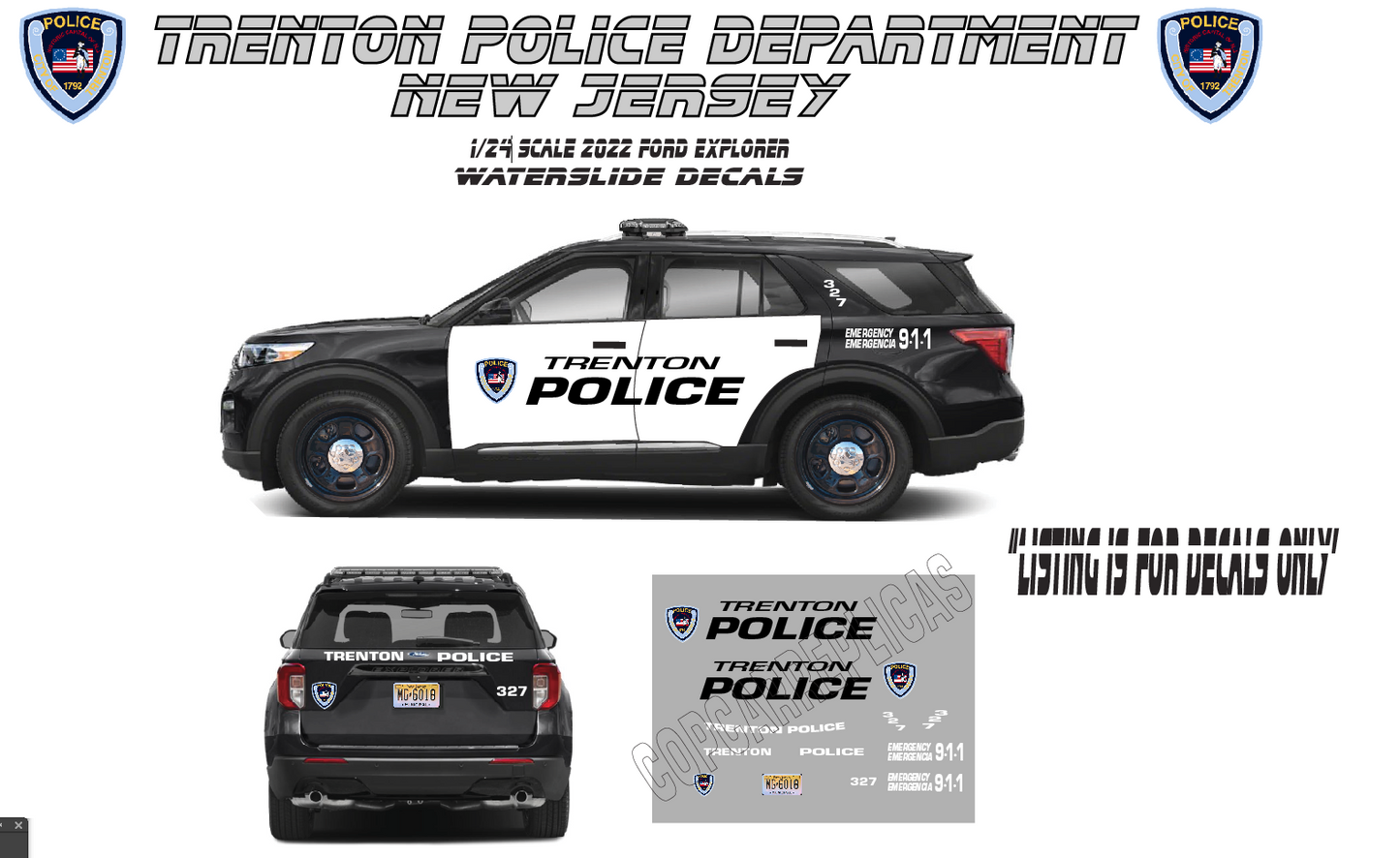 1/24 Trenton New Jersey Police 2022 Ford Explorer Waterslide Decals – Laser Printed – Approx 4 Sets – Custom Diecast Graphics