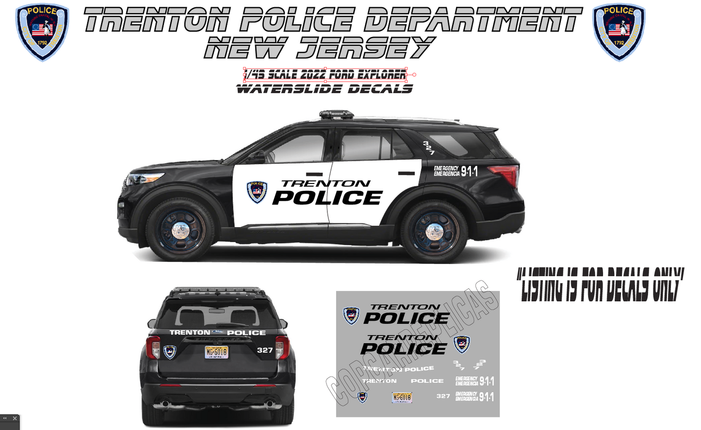 1/43 Trenton New Jersey Police 2022 Ford Explorer Waterslide Decals – Approx 6 Sets – Laser Printed – Highly Detailed