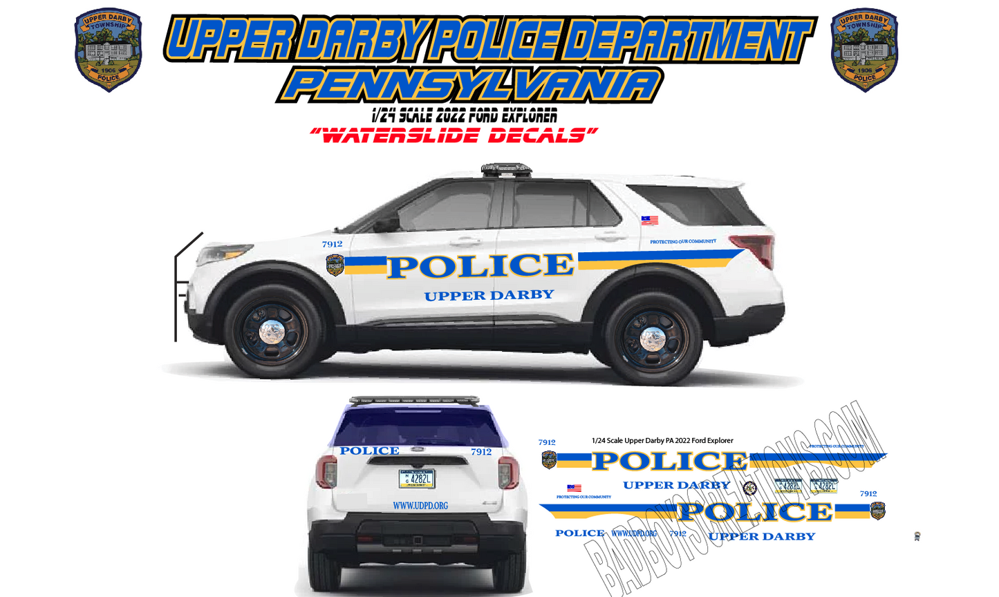 1/24 Upper Darby Pennsylvania Police 2022 Ford Explorer Waterslide Decals – Laser Printed – Approx 4 Sets Included