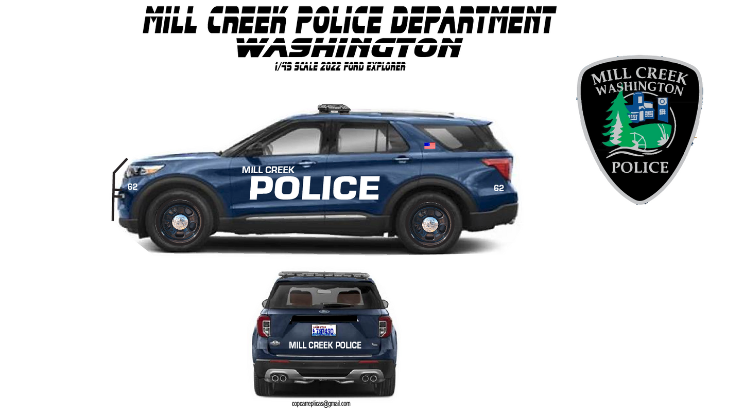 1/43 2022 Ford Explorer Mill Creek Washington Police Waterslide Decals – Approx 6 Sets – Laser Printed – Highly Detailed