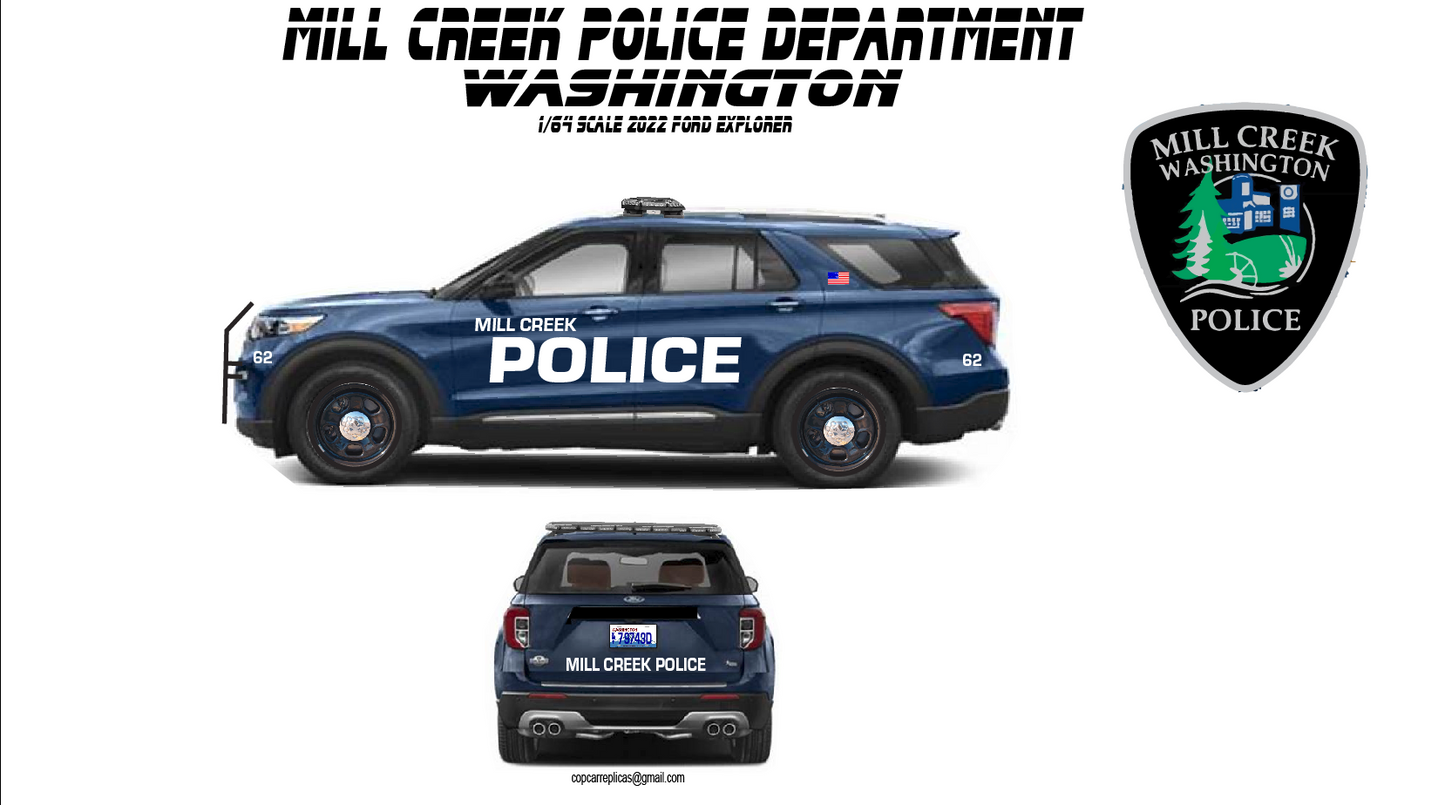 1/64 Scale 2022 Ford Explorer Mill Creek Washington Police Waterslide Decals – Custom Diecast Graphics – Laser Printed – 8 to 10 Sets Included