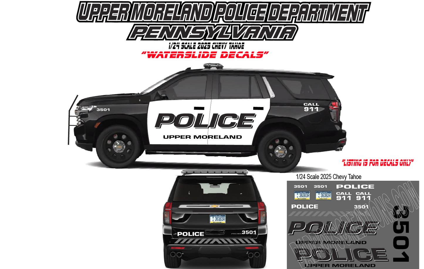 1/24 Scale 2025 Chevy Tahoe Upper Moreland Pennsylvania Police Waterslide Decals – Custom Diecast Graphics – Laser Printed – Approx 4 Sets Included