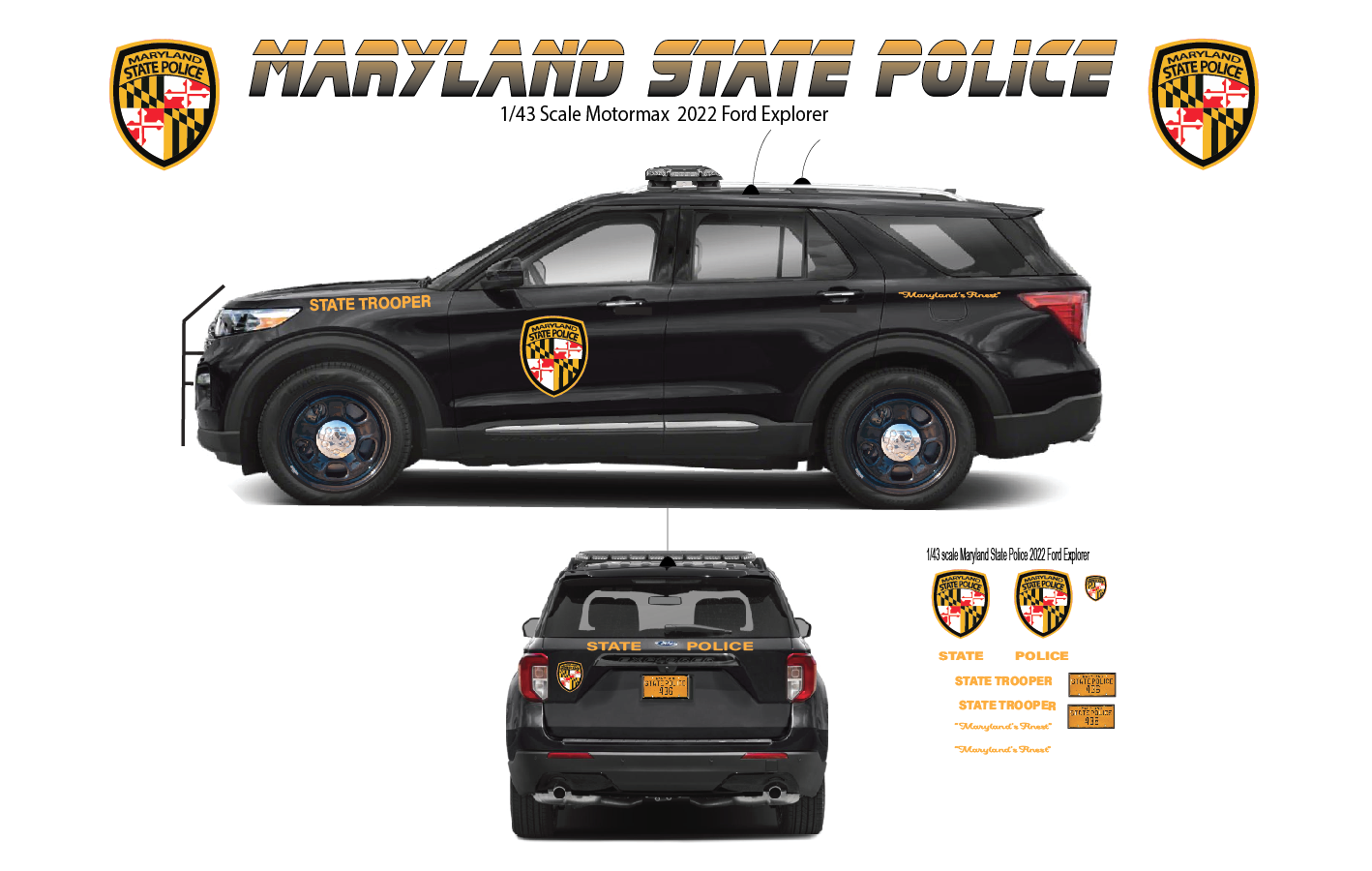 1/43 2022 Ford Explorer Maryland State Police Waterslide Decals – 6 Sets Included – Laser Printed – Highly Detailed Replica Graphics