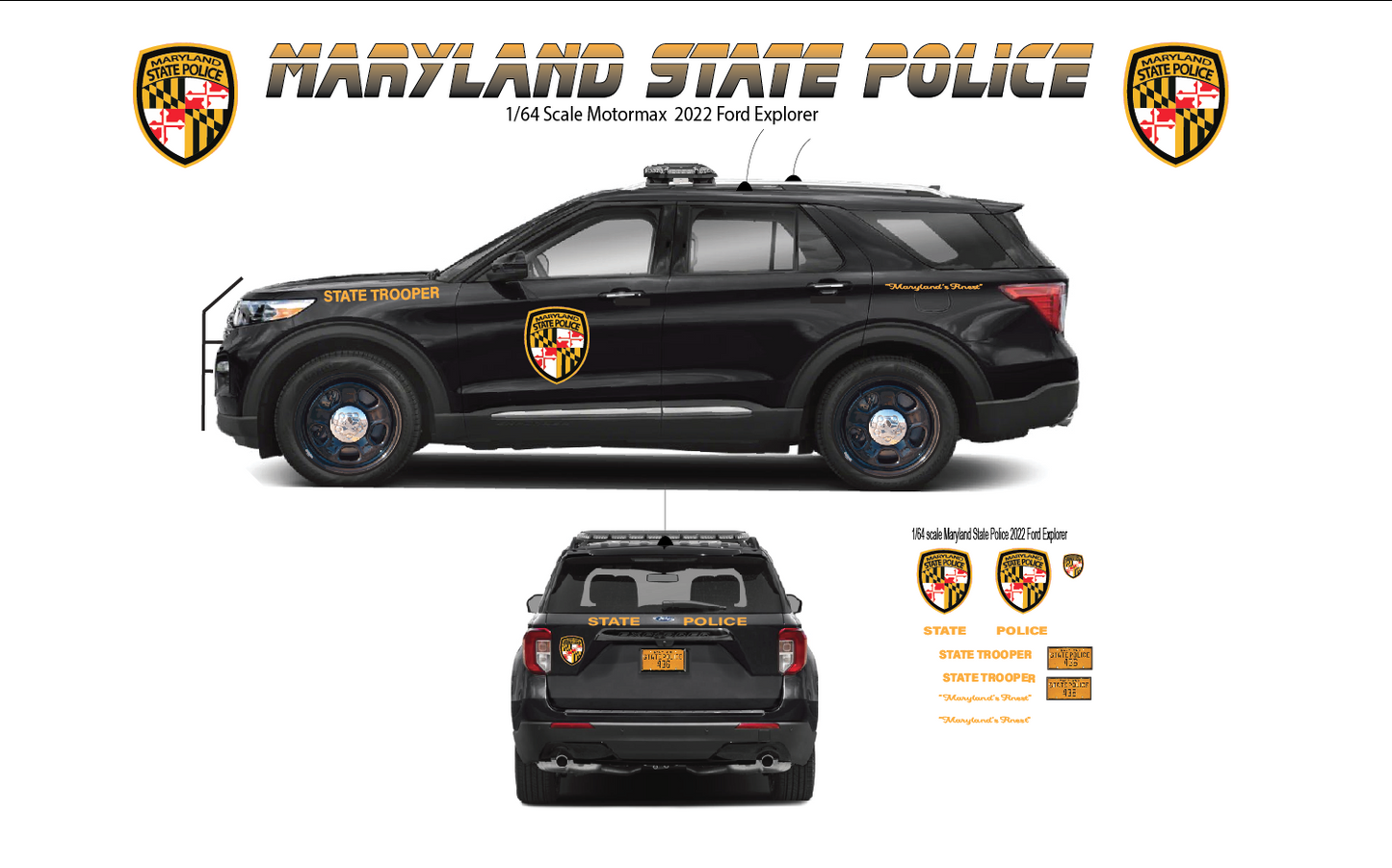 1/64 2022 Ford Explorer Maryland State Police Waterslide Decals – Custom Diecast Graphics – Approx 8–10 Sets – Laser Printed