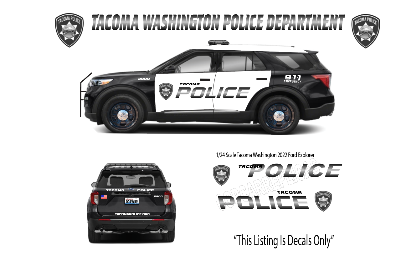 1/24 2022 Ford Explorer Tacoma Washington Police Waterslide Decals – Highly Detailed – Laser Printed – Approx 4 Sets Included