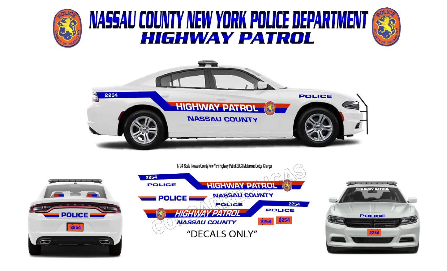 1/24 2023 Dodge Charger Nassau County NY Highway Patrol Police Waterslide Decals – Custom Diecast Graphics – Approx 4 Sets – Laser Printed