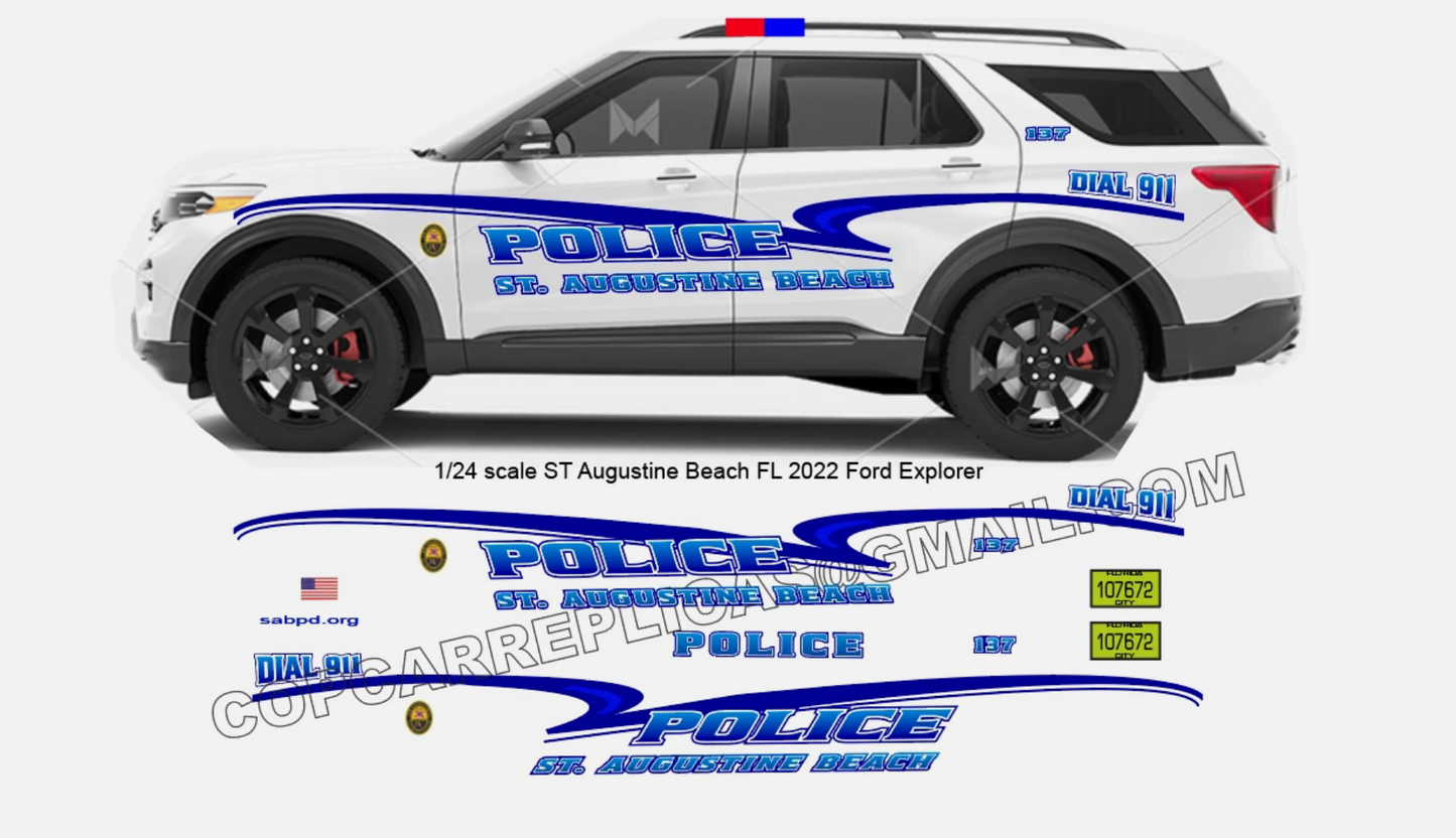 1/24 Scale 2022 Ford Explorer St. Augustine Beach Florida Police Waterslide Decals – 4 Sets Included – Laser Printed