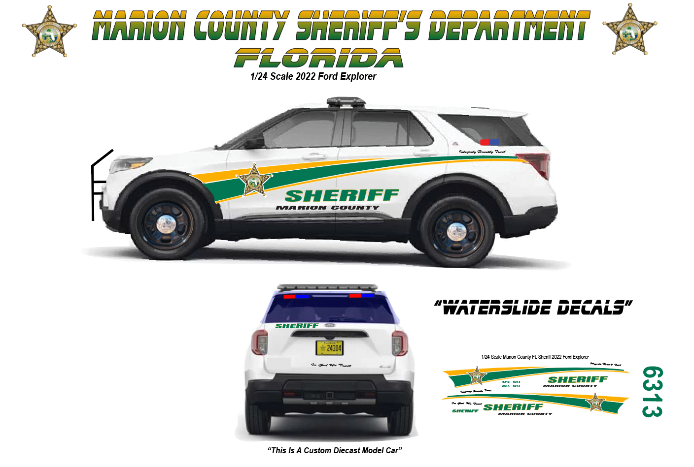 1/24 Scale 2022 Ford Explorer Marion County Sheriff Florida Waterslide Decals – Highly Detailed – Laser Printed – Includes Approx 4 Sets