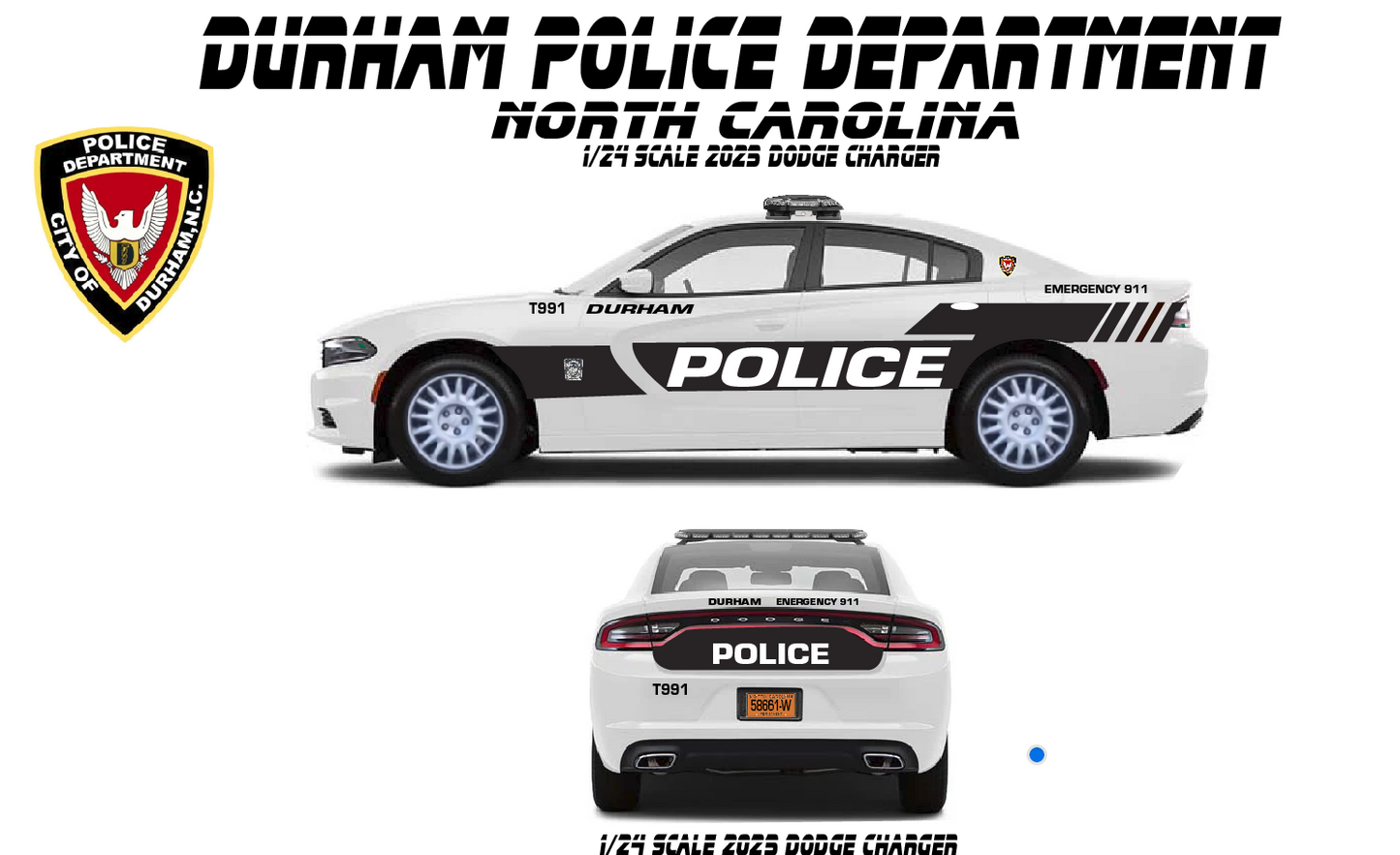 1/24 Scale 2023 Dodge Charger Durham North Carolina Police Diecast Model Car w/ Working Lights & Siren – Custom Made Replica
