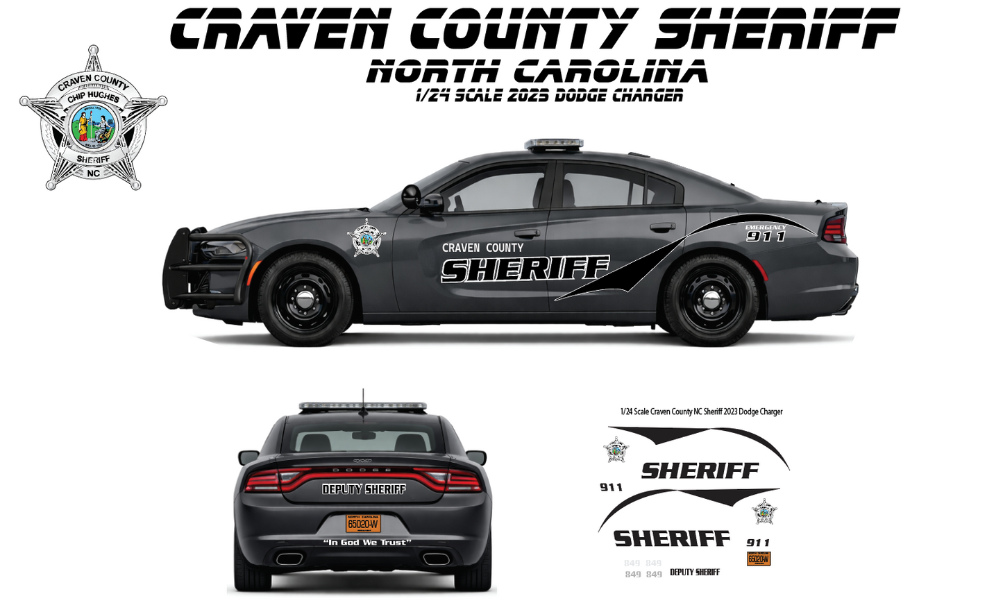 1/24 Scale 2023 Dodge Charger Craven County North Carolina Sheriff Police Waterslide Decals – Highly Detailed | Laser Printed | Includes Approx 4 Sets