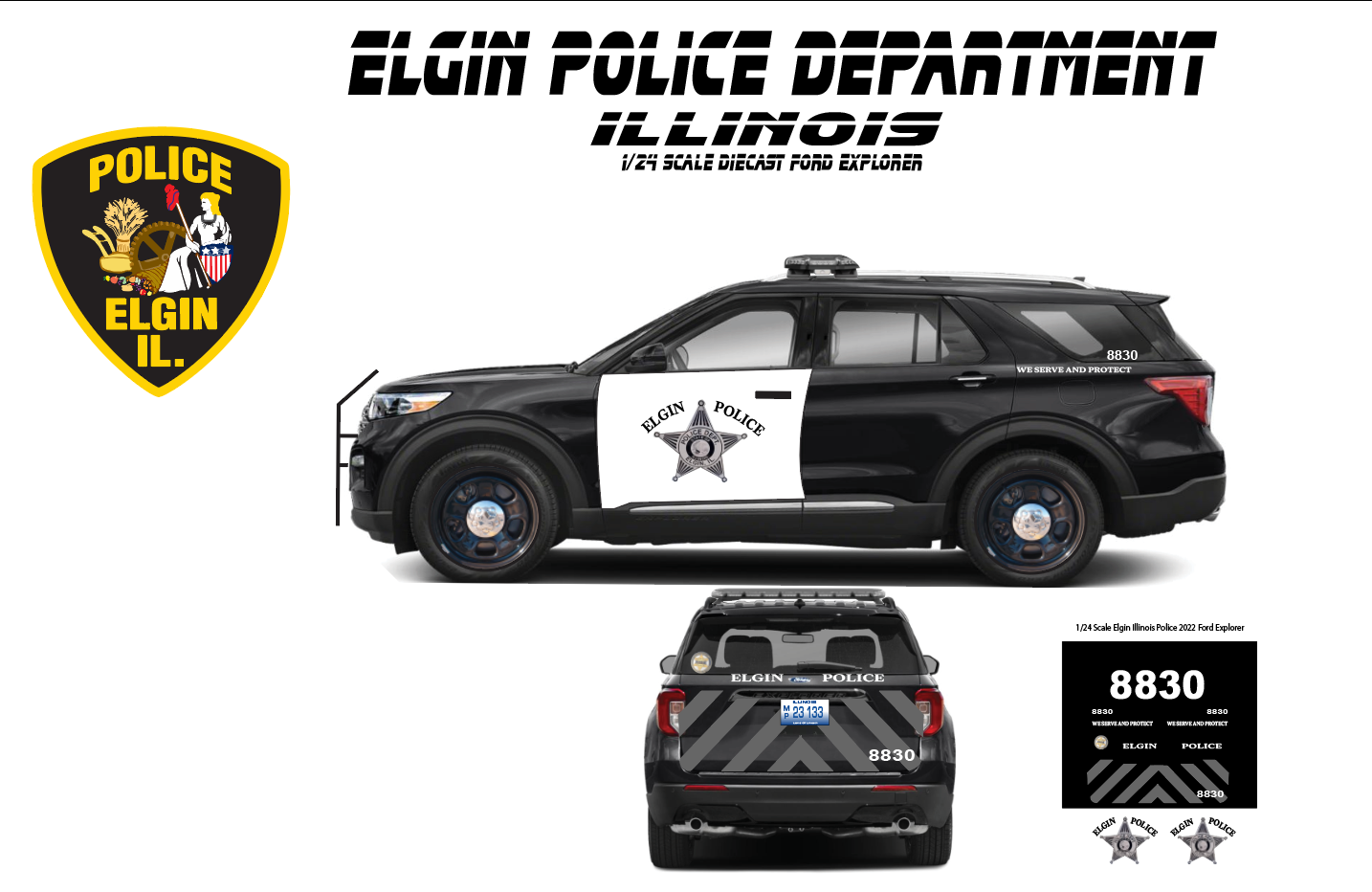 1/24 Scale 2022 Ford Explorer Elgin Illinois Police Waterslide Decals – White Toner Laser Printed – Approx. 4 Sets Included