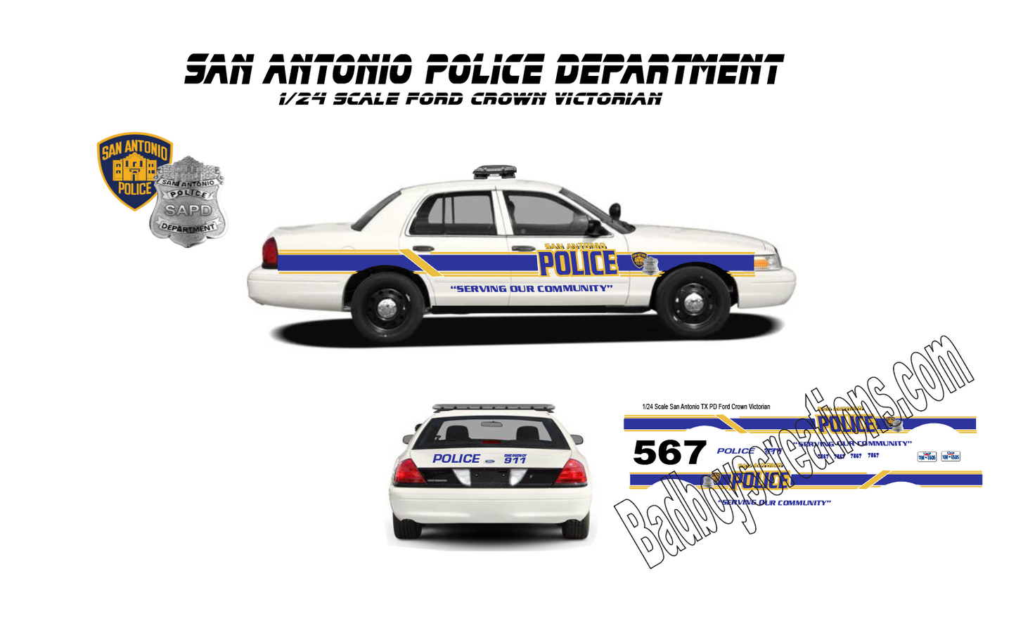 1/24 Scale 2010 Ford Crown Victoria San Antonio Texas Police Waterslide Decals – Custom Made – Laser Printed – Includes 4 Sets