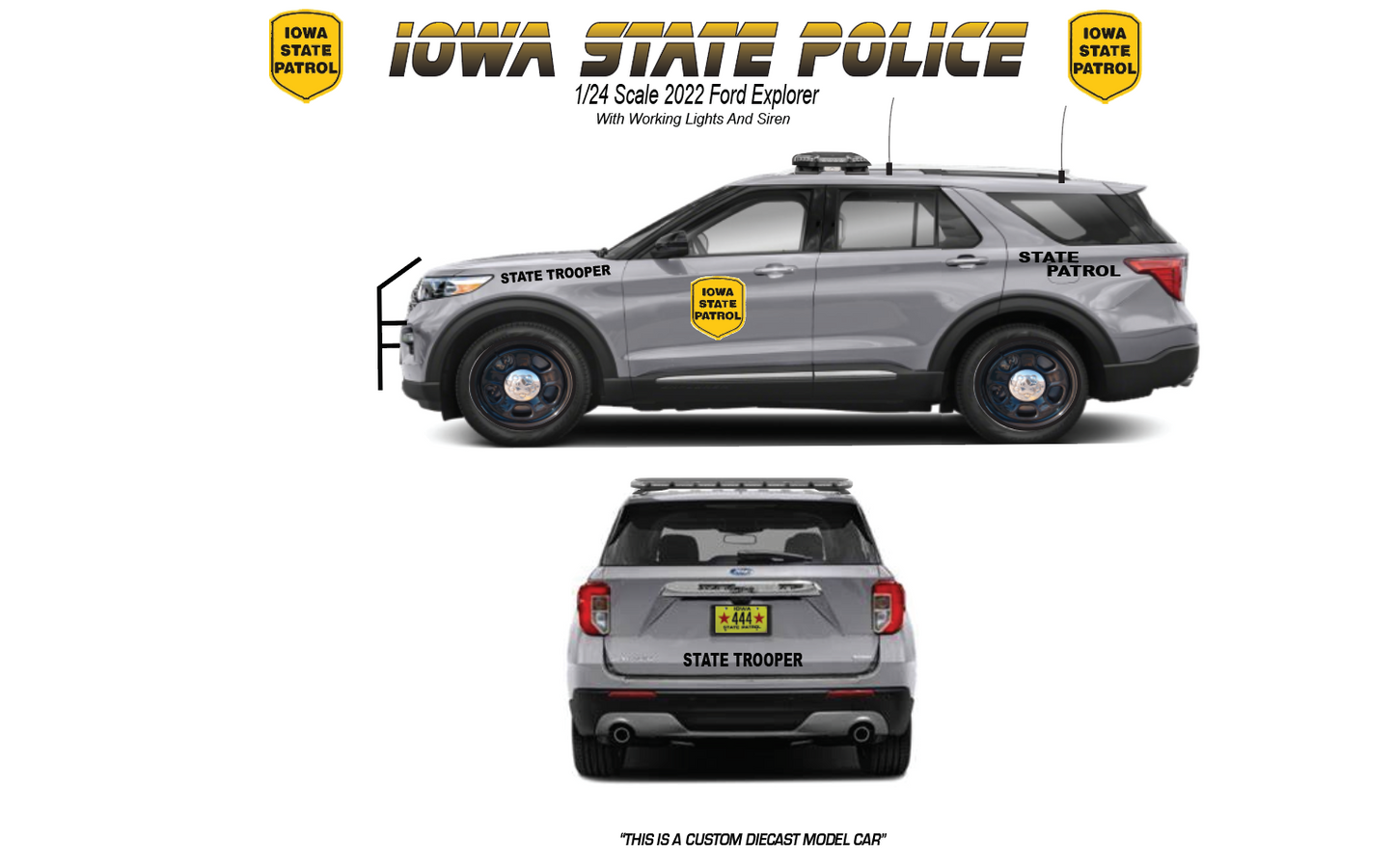 1/24 Scale 2022 Ford Explorer Iowa State Police Diecast Model Car – Custom Replica with Working LED Lights & Siren | Highly Detailed