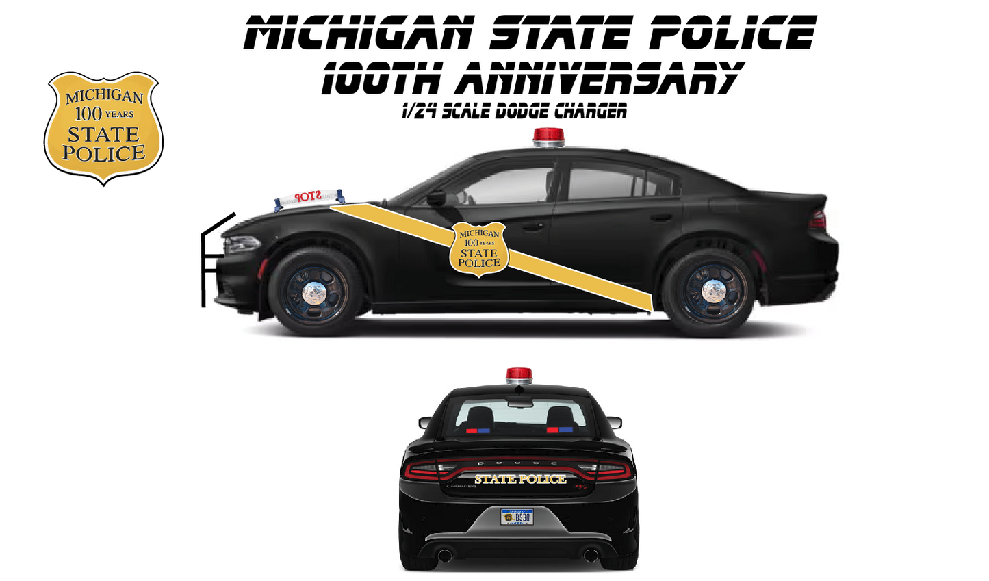 1/24 Scale 2023 Dodge Charger Michigan State Police 100th Anniversary Edition Diecast Model Replica – Working LED Lights & Siren – Custom Made