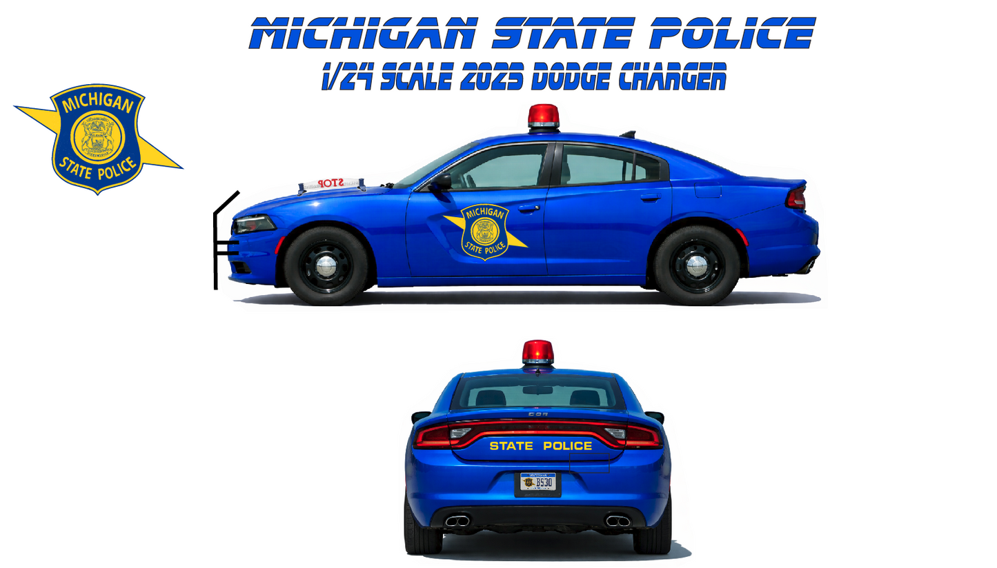 1/24 Scale 2023 Dodge Charger Michigan State Police Diecast Model Car – Custom Made Replica w/ Working LED Lights & Siren
