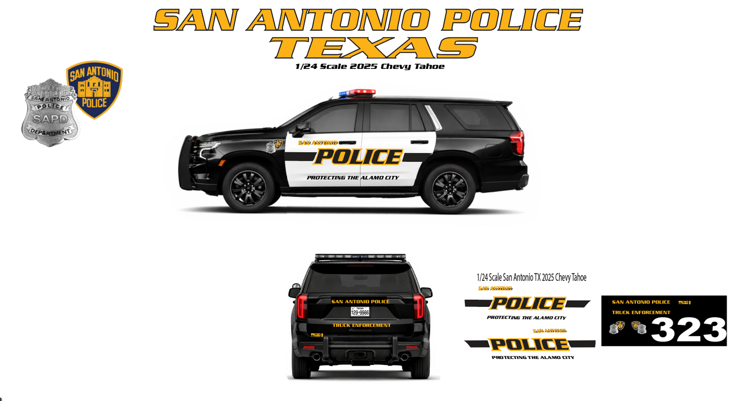 1/24 Scale 2025 Chevy Tahoe San Antonio Police Waterslide Decals – Accurate SAPD Graphics – White Toner Laser Printed – 4 Sets Included