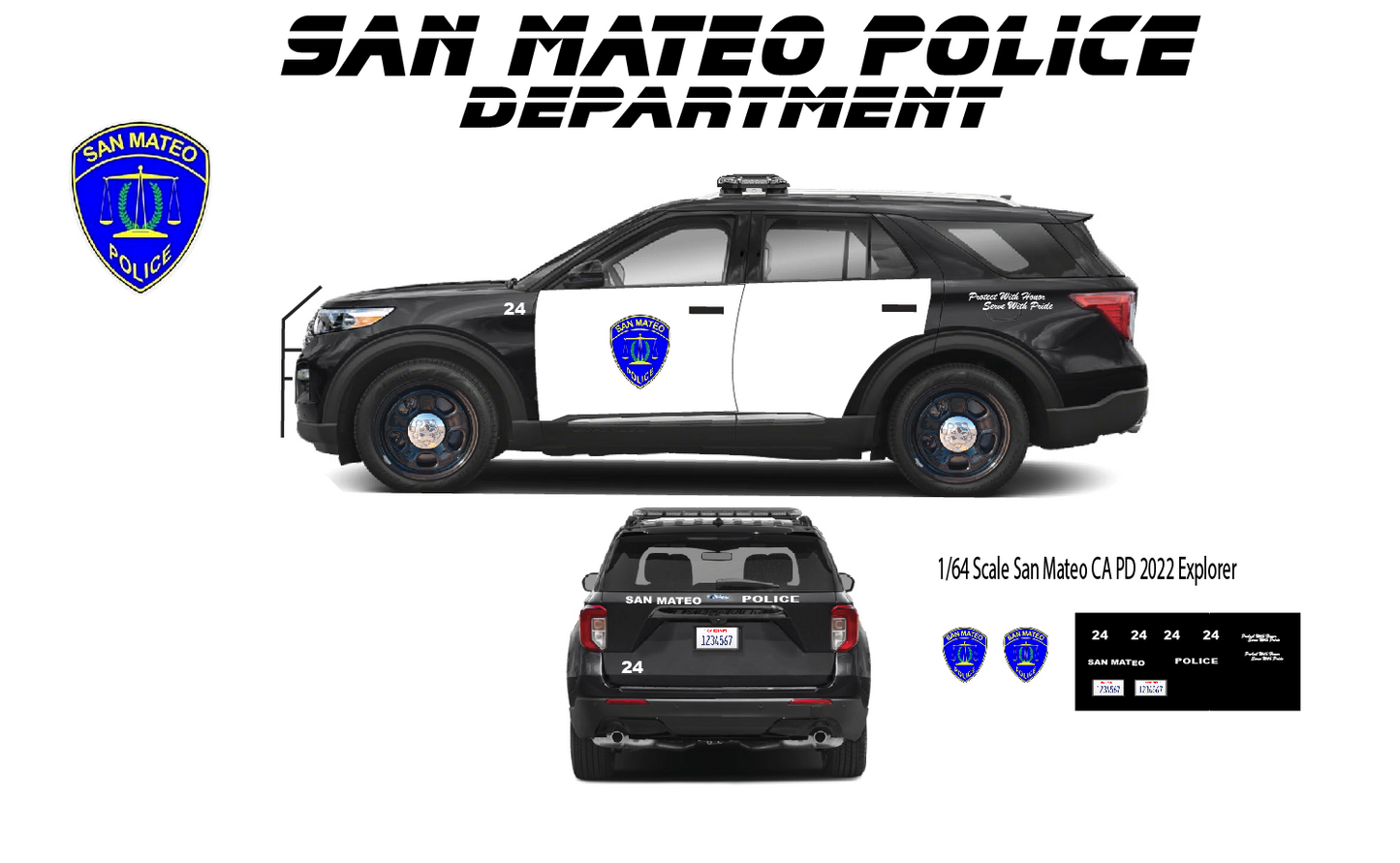 1/64 Scale San Mateo Police California Waterslide Decals – Fits 2022 Ford Explorer – White Toner Printed – 8 to 10 Sets Included