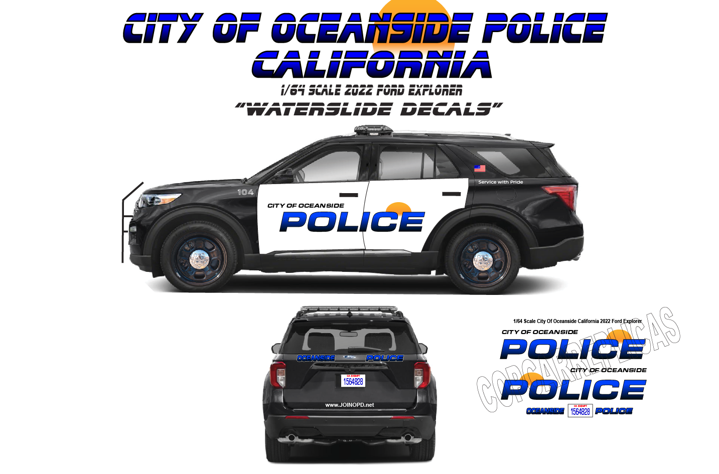 1/64 City of Ocean Police California Waterslide Decals – Fits 2022 Ford Explorer – White Toner Printed – 8 to 10 Sets Included
