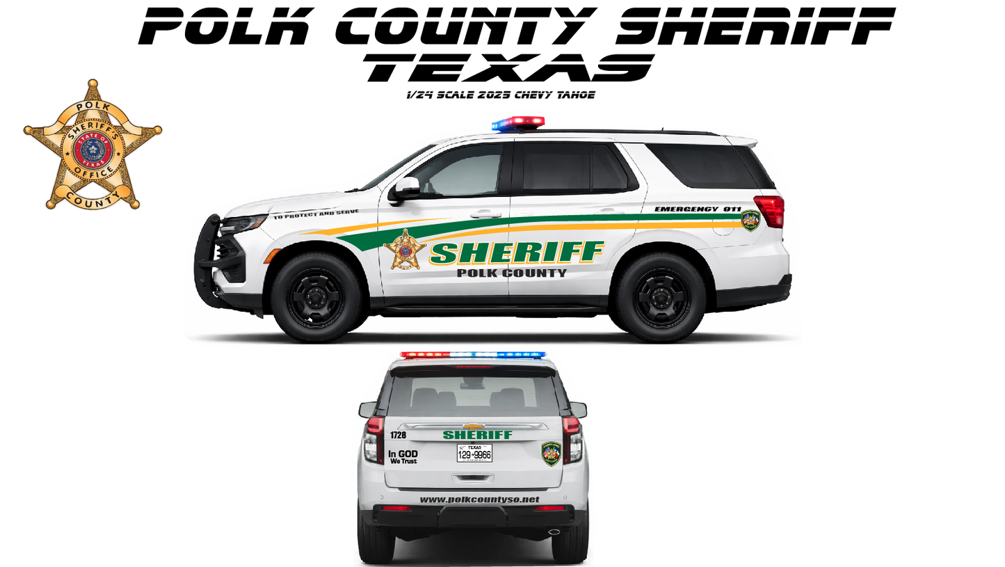 1/24 Scale 2025 Chevy Tahoe Polk County Texas Sheriff Diecast Model Car – Custom Replica – Non Working Lights – Highly Detailed