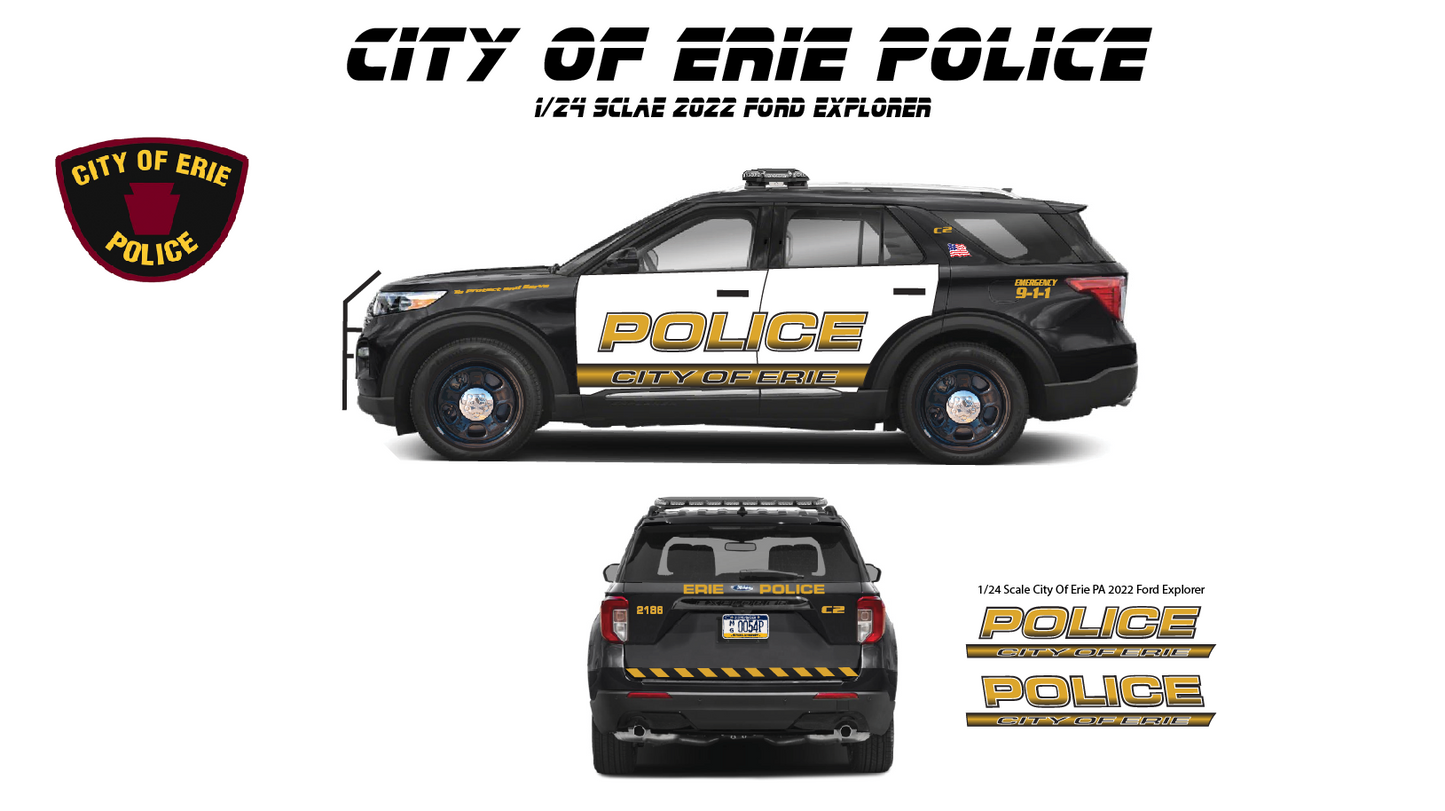 1/24 Scale City of Erie Pennsylvania Police Waterslide Decals – Ford Explorer – White Toner Printed – Highly Detailed Graphics