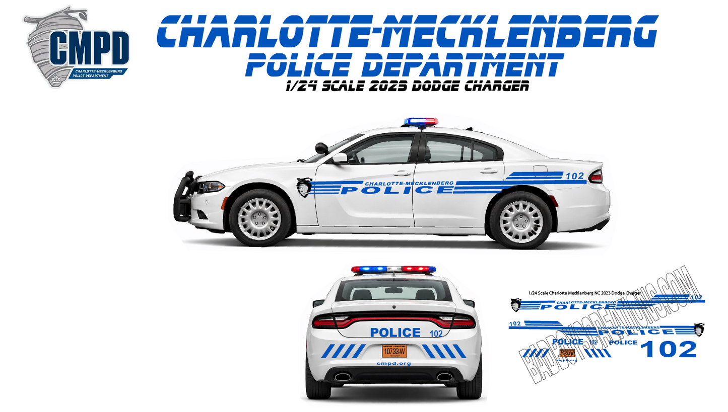 1/24 Charlotte Mecklenburg NC Police Decals – 2023 Dodge Charger Waterslide Decals – White Toner Printed – Custom Diecast Graphics Set