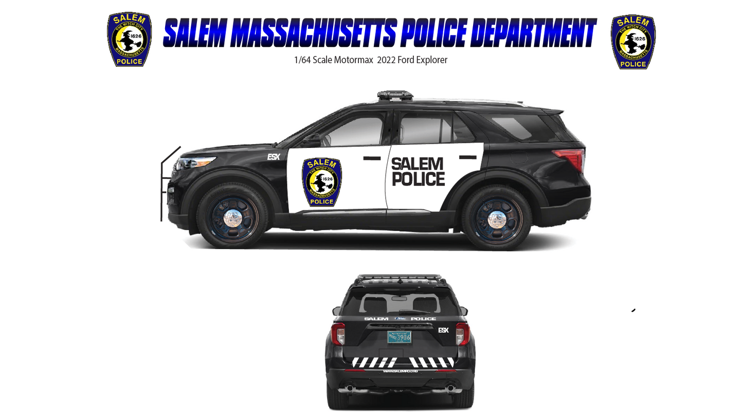 1/64 Scale Salem MA Police 2022 Ford Explorer Waterslide Decals – White Toner Printed – Fits Greenlight – 8 to 10 Sets Included