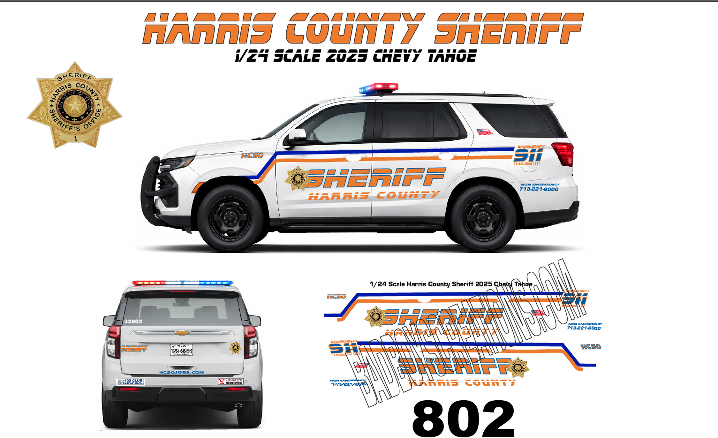 1/24 Scale Harris County Texas Sheriff Waterslide Decals for 2025 Chevy Tahoe – Custom Police Graphics – Fits 1:24 Diecast Model