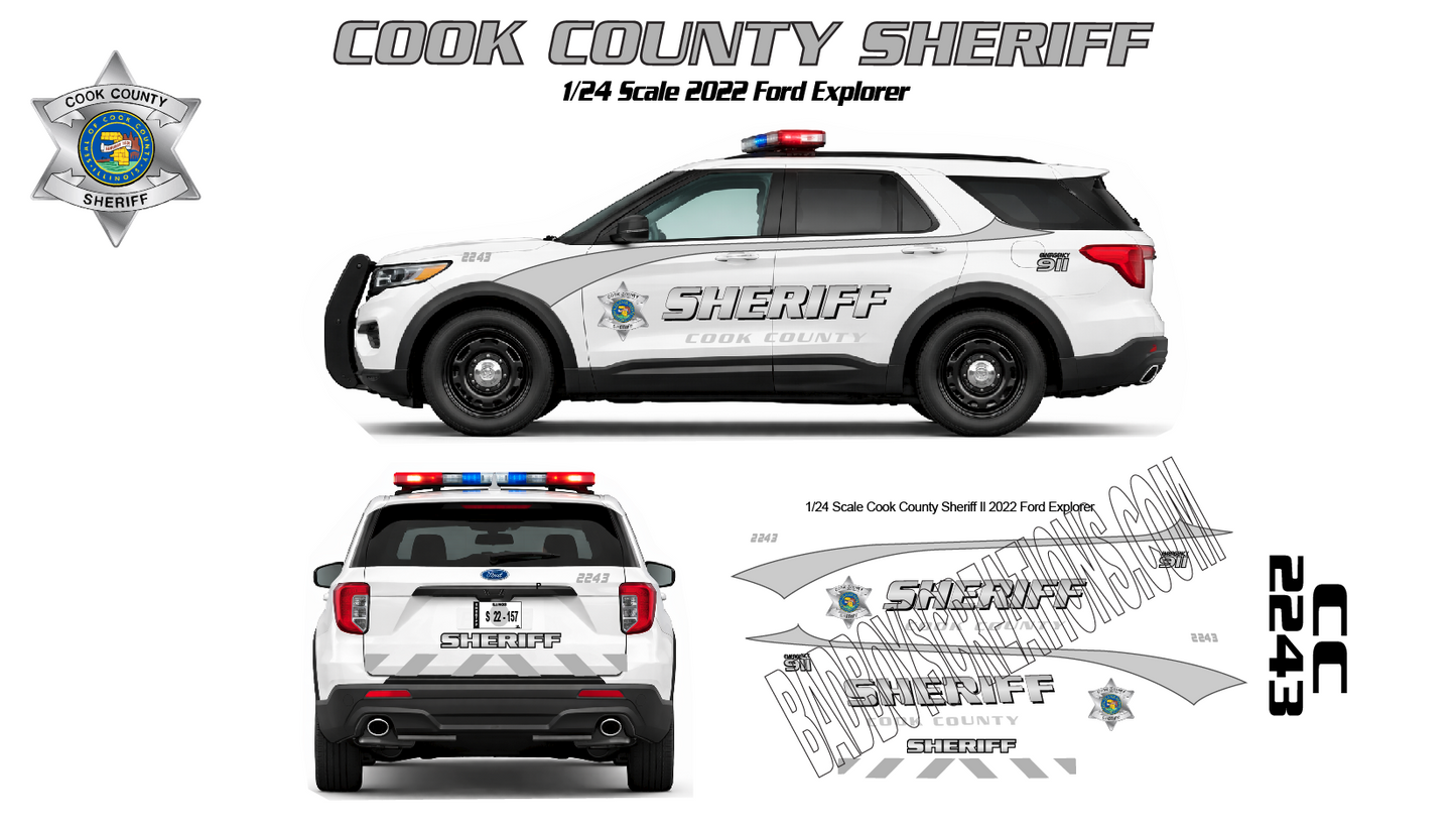 1/24 Scale 2022 Ford Explorer Cook County Illinois Sheriff Waterslide Decals – New Graphics Scheme – Approx 4 Sets Included