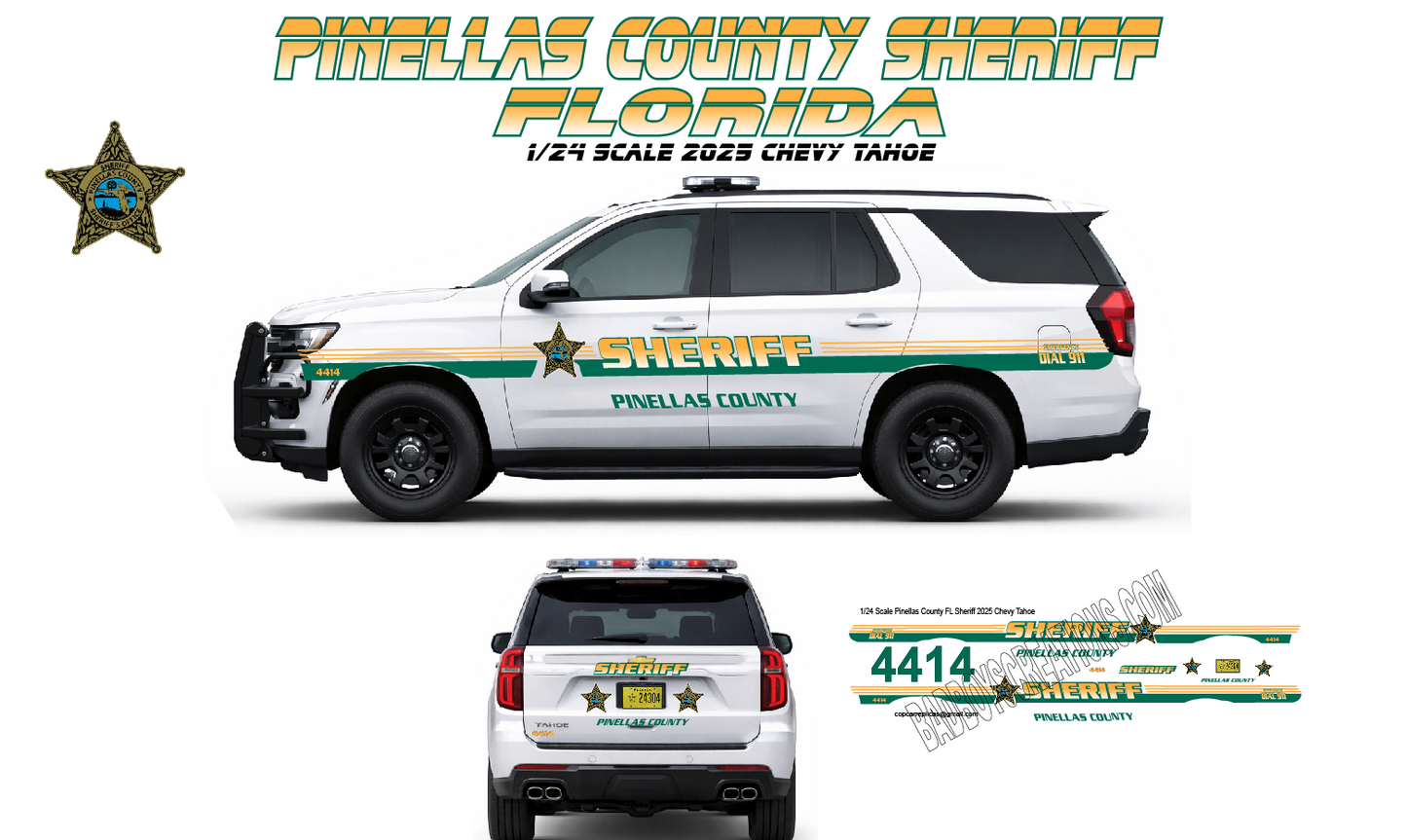 1/24 Scale Pinellas County Florida Sheriff 2025 Chevy Tahoe Waterslide Decals | Laser Printed | 4 Complete Sets