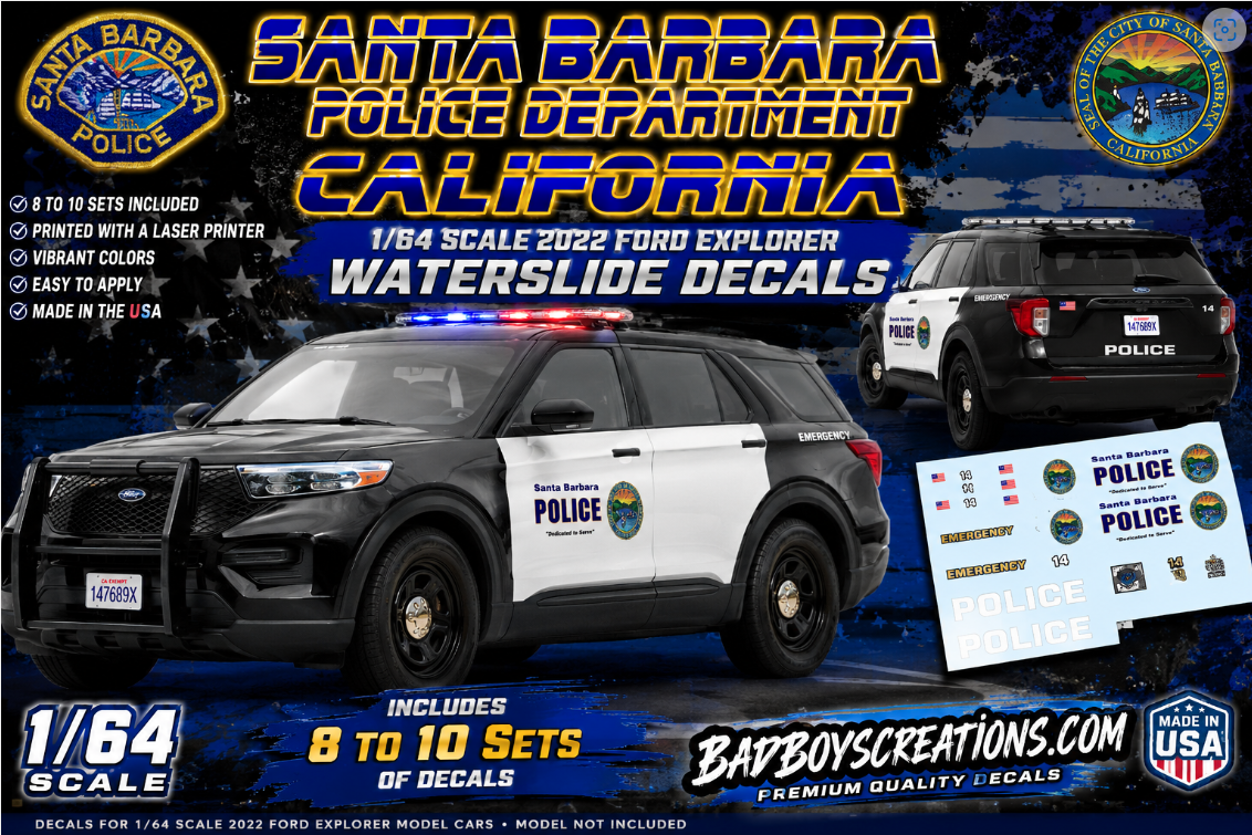 1/64 Scale Santa Barbara Police California 2022 Ford Explorer Waterslide Decals | Diecast Model Car Graphics | Laser Printed | 8-10 Sets Included