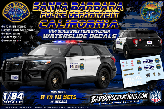 1/64 Scale Santa Barbara Police California 2022 Ford Explorer Waterslide Decals | Diecast Model Car Graphics | Laser Printed | 8-10 Sets Included