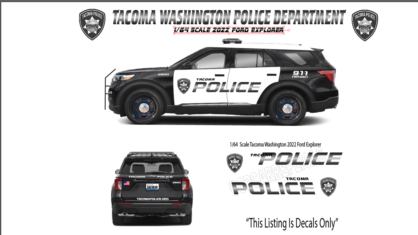 1/64 Scale Tacoma Washington Police 2022 Ford Explorer Waterslide Decals | Diecast Model Decals | Includes 8–10 Sets