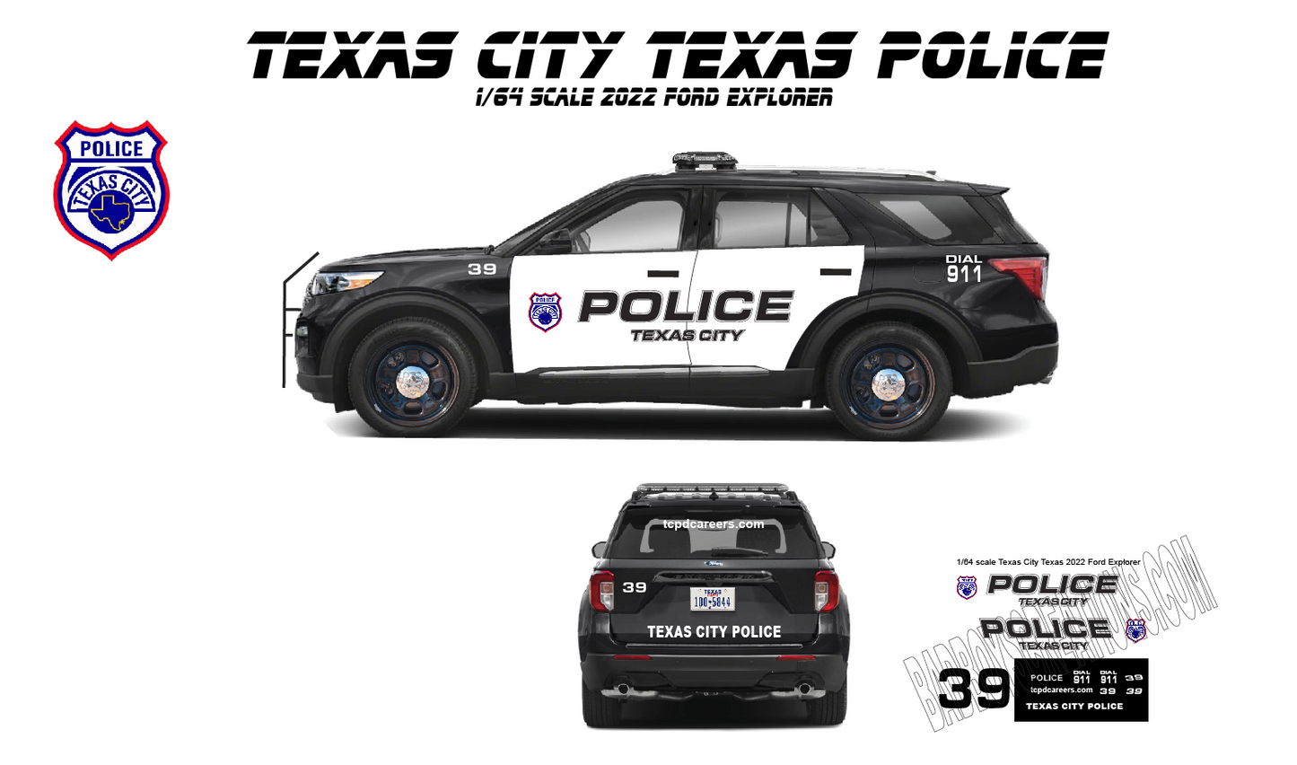 1/64 Scale 2022 Ford Explorer Waterslide Decals – Police Graphics | White Toner Printed | Approx. 8–10 Sets
