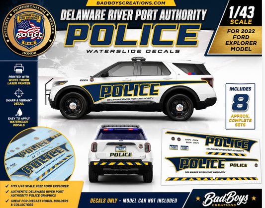 1/43 Scale Delaware River Port Authority Police Waterslide Decals – 2022 Ford Explorer | Approx. 8 Sets