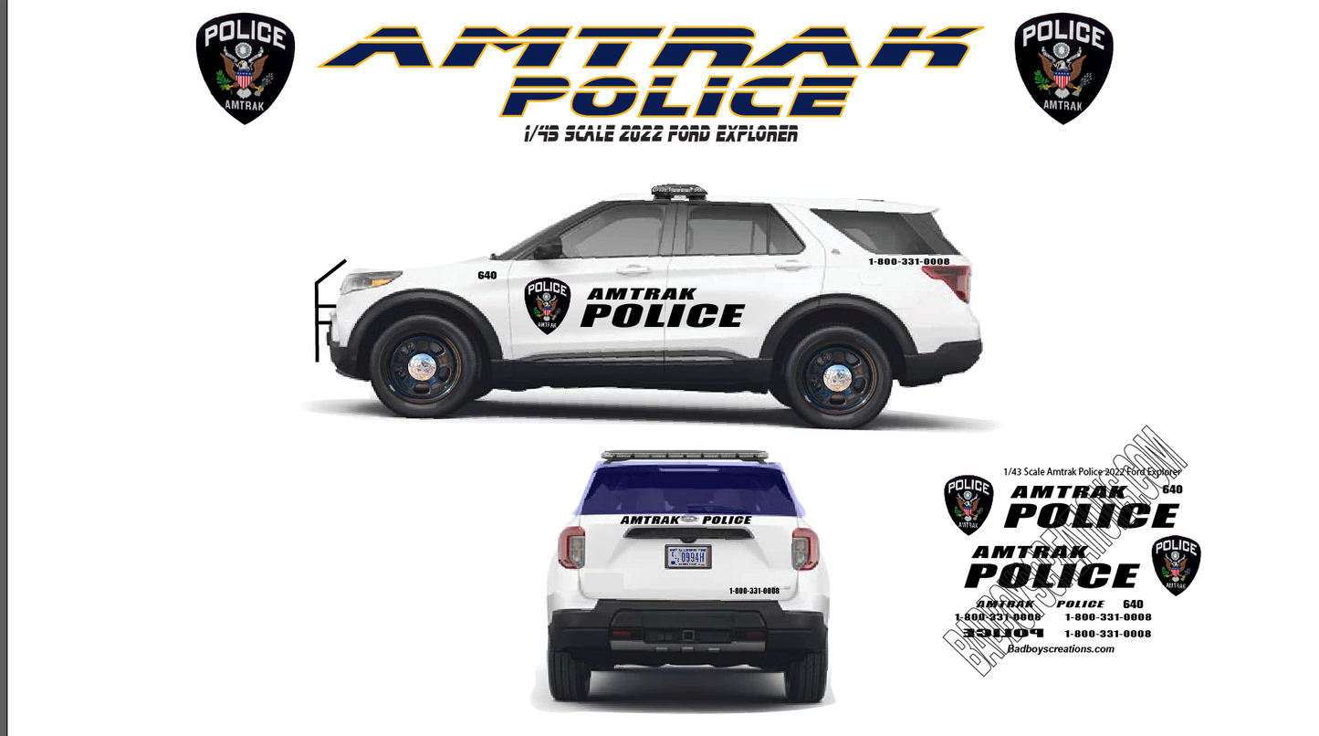 1/43 Scale Amtrak Police Waterslide Decals for 2022 Ford Explorer | Approx. 1-8 Sets Included | White Toner Printed
