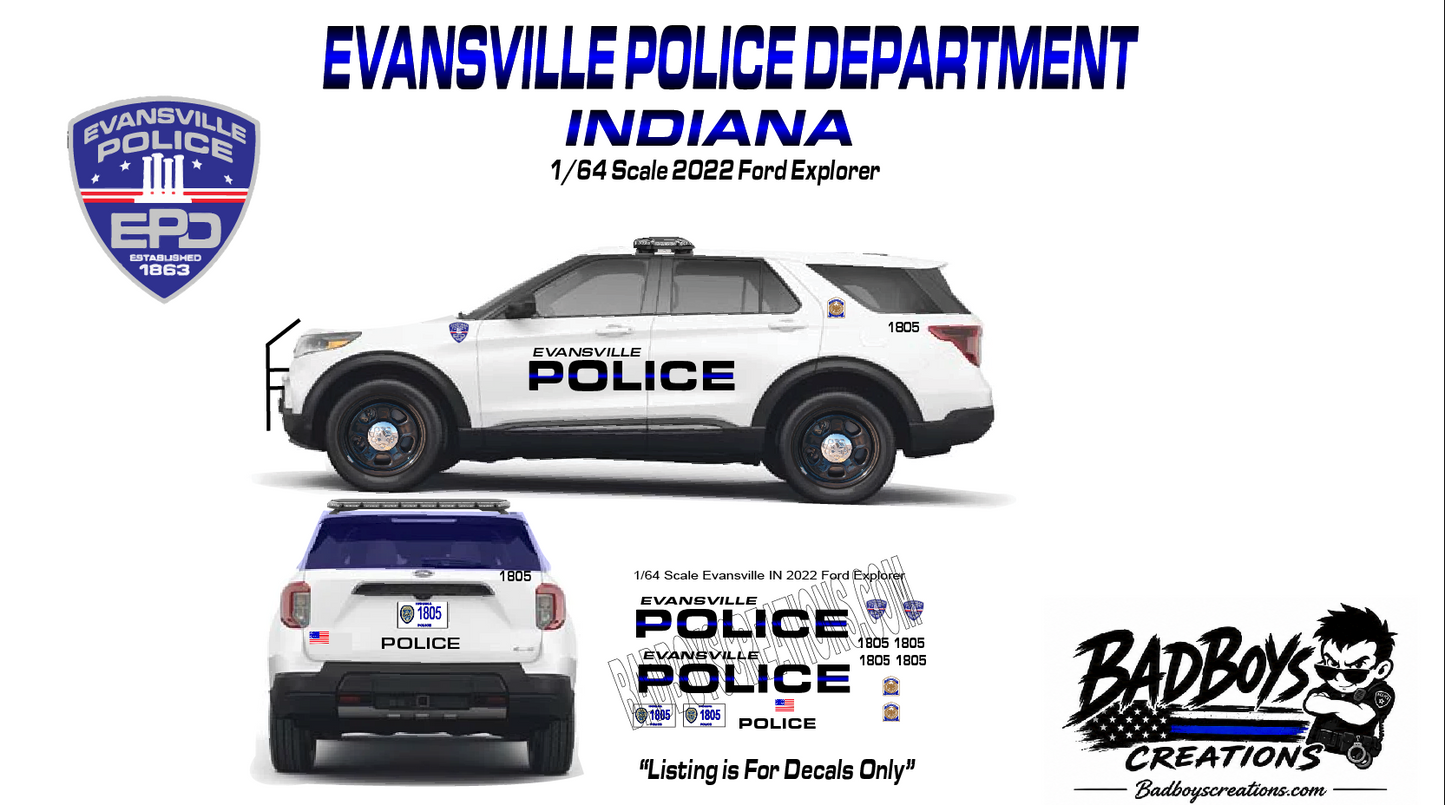 1/64 Scale Evansville Indiana Police Waterslide Decals for 2022 Ford Explorer
