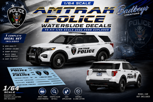 1/64 Scale Amtrak Police Waterslide Decals for 2022 Ford Explorer | Approx. 1-10 Sets Included | White Toner Printed