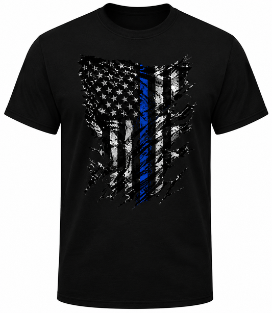 Thin Blue Line Distressed American Flag T-Shirt | Patriotic Police Support Graphic Tee | Law Enforcement Tribute Shirt | Black Unisex Tee