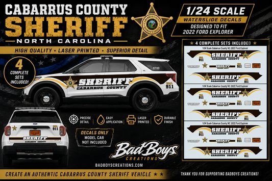 1/24 Scale Cabarrus County North Carolina Sheriff Waterslide Decals for 2022 Ford Explorer | 4 Complete Sets | Laser Printed