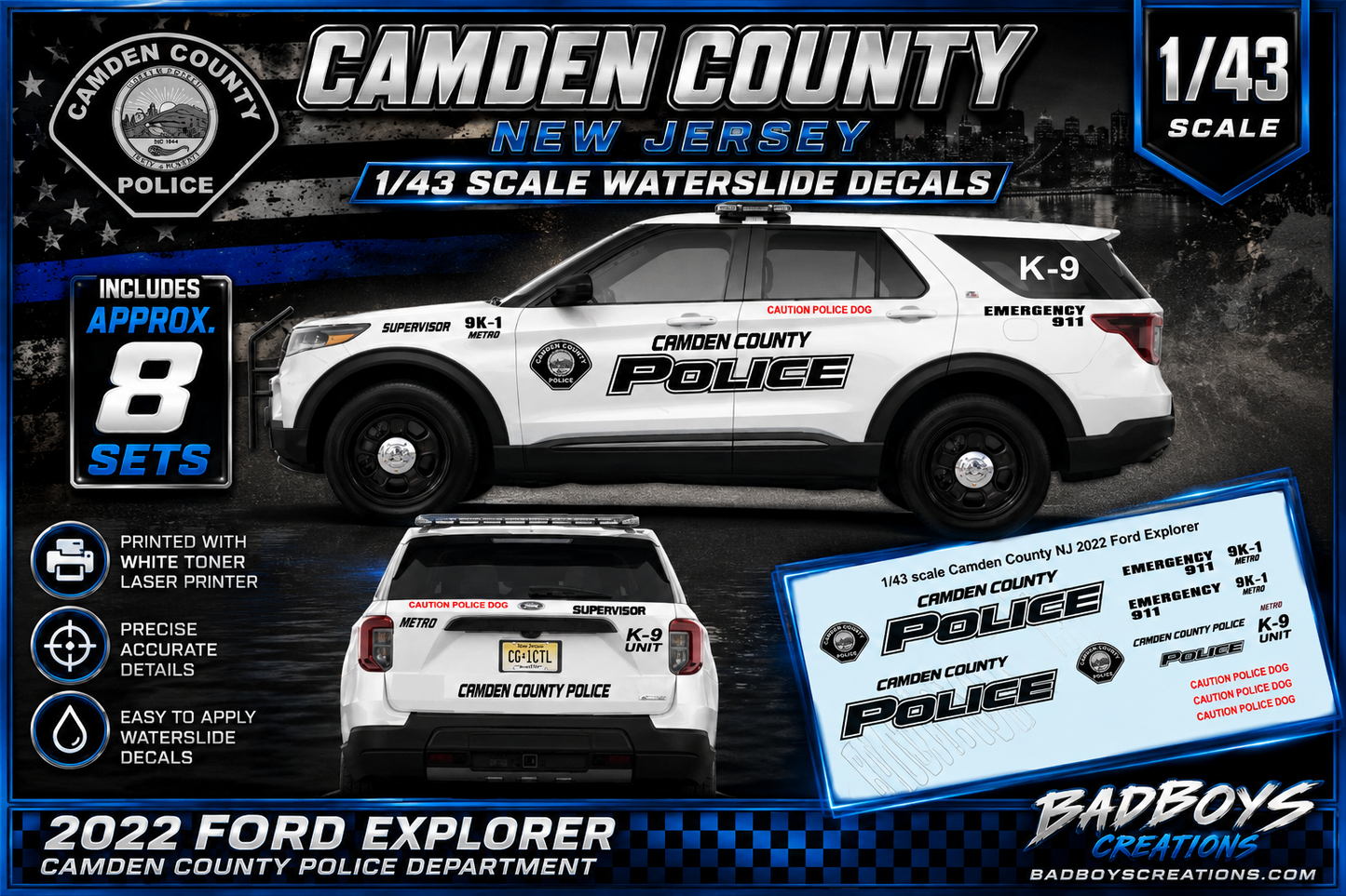 1/43 Scale Camden County, New Jersey Police 2022 Ford Explorer Waterslide Decals – Approx. 8 Sets Included